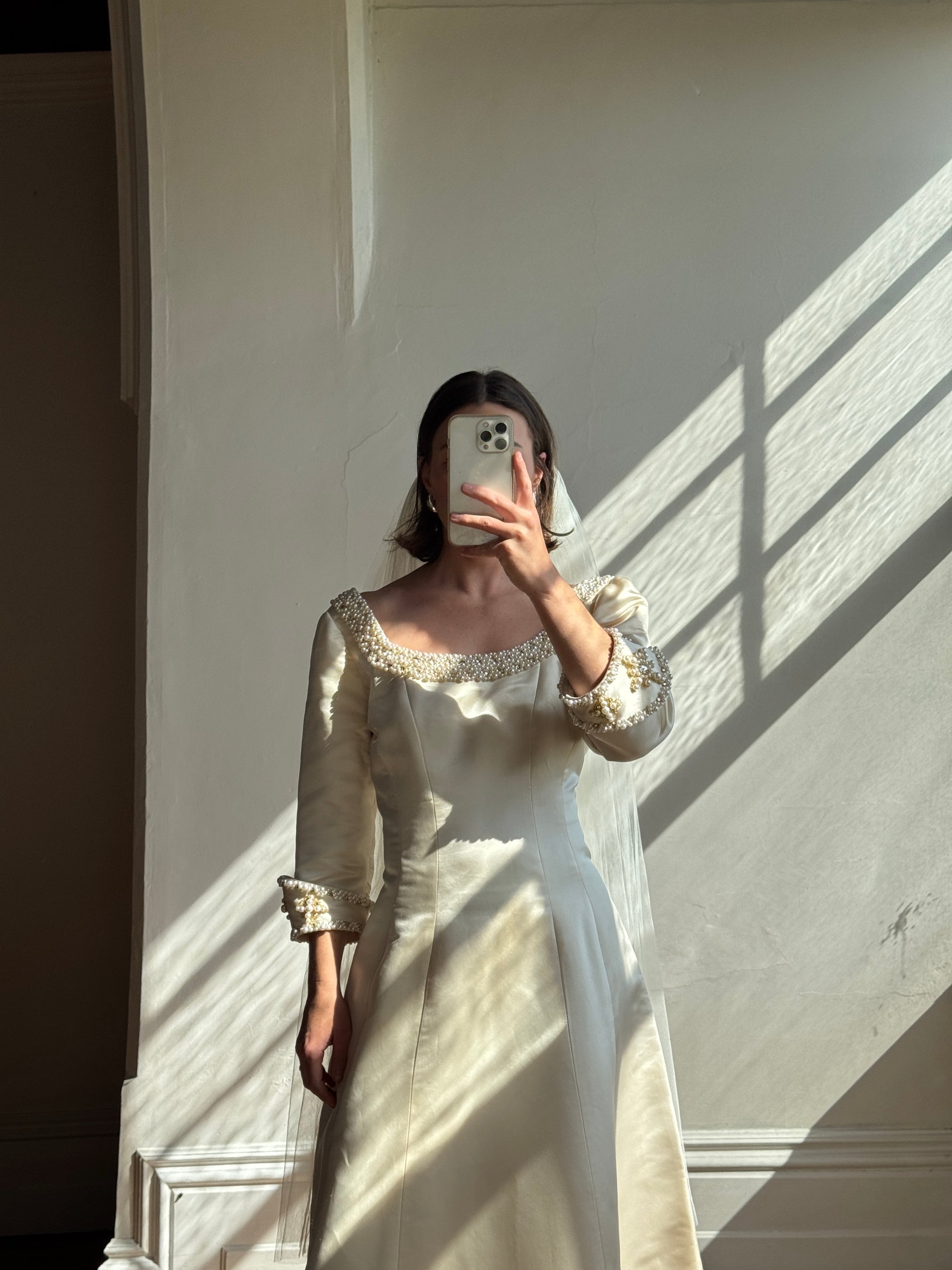 Vintage 90s Pure Silk Satin Baroque Scoop Neck Wedding Gown and Veil