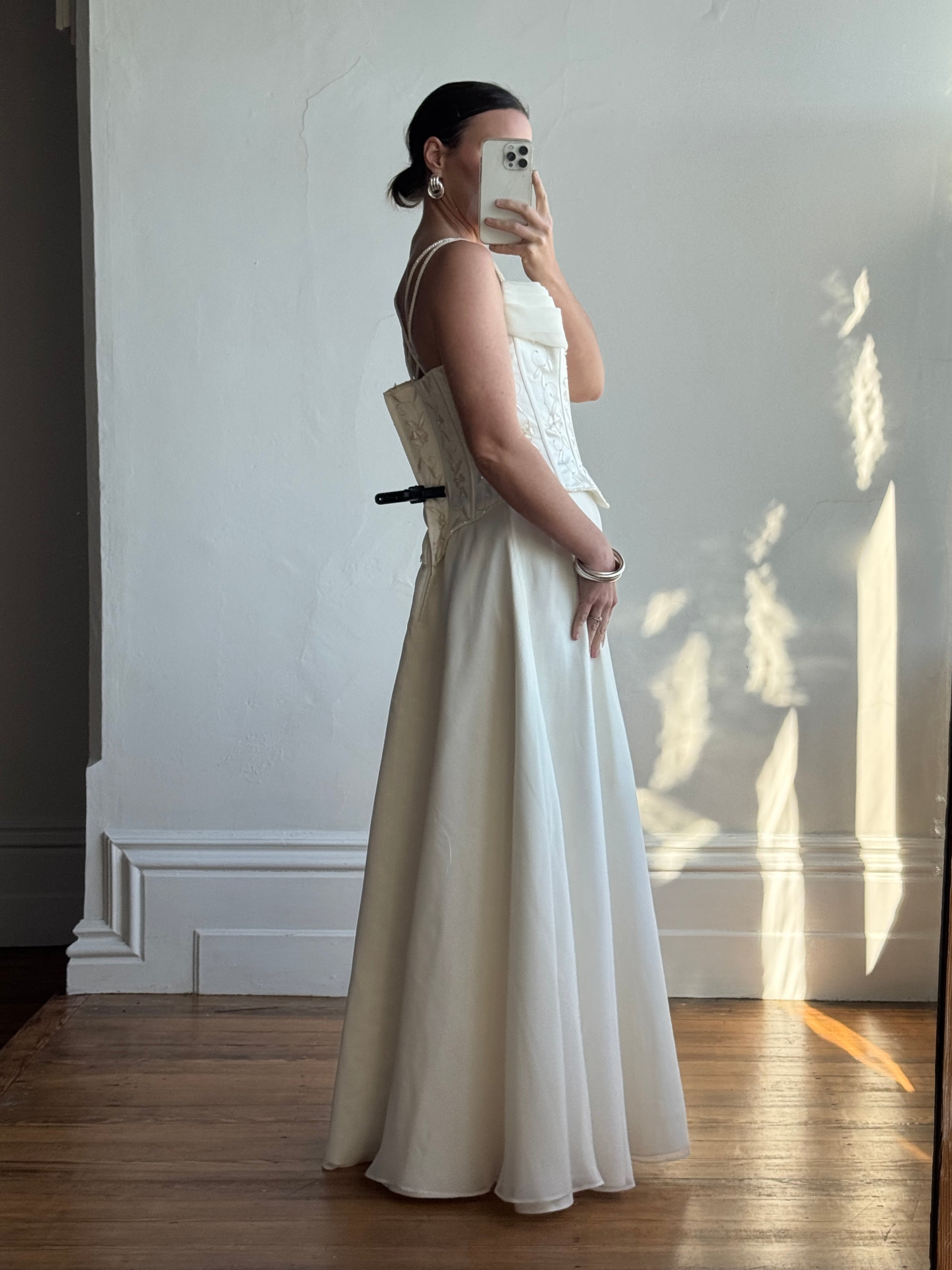 Vintage 90s Chiffon Jacquard Corset Embellishment Wedding Gown