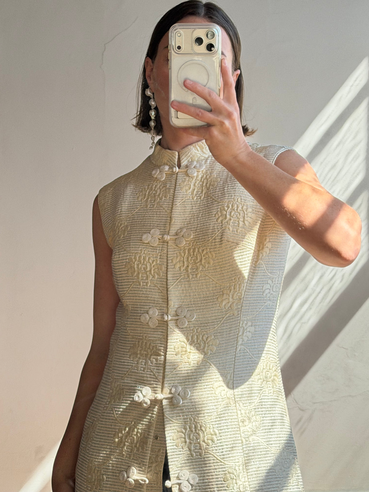 Vintage 60s Brocade Longline Qipao Cream