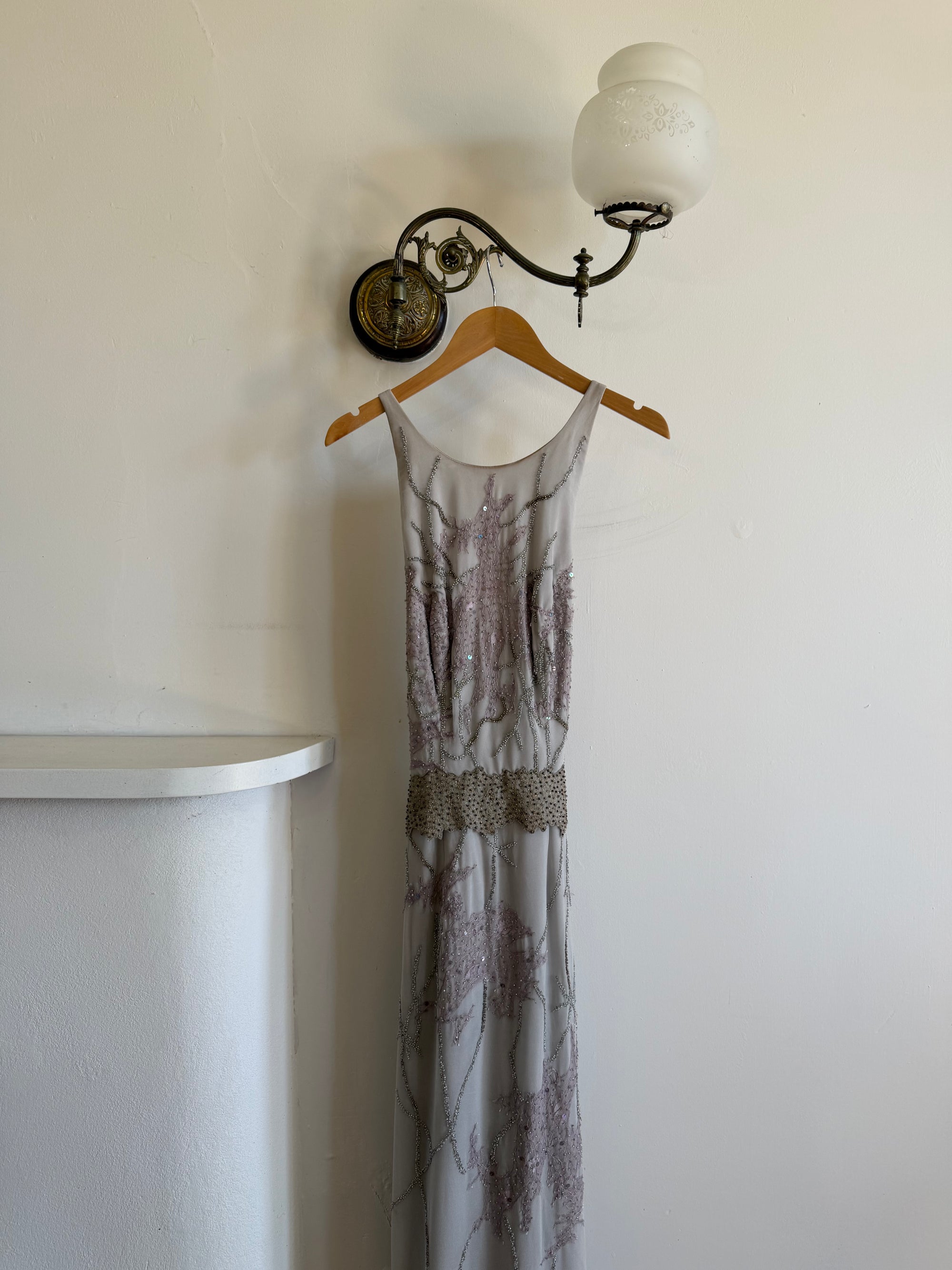 Vintage 90s Pure Silk High Front Embellished Lavender Gown