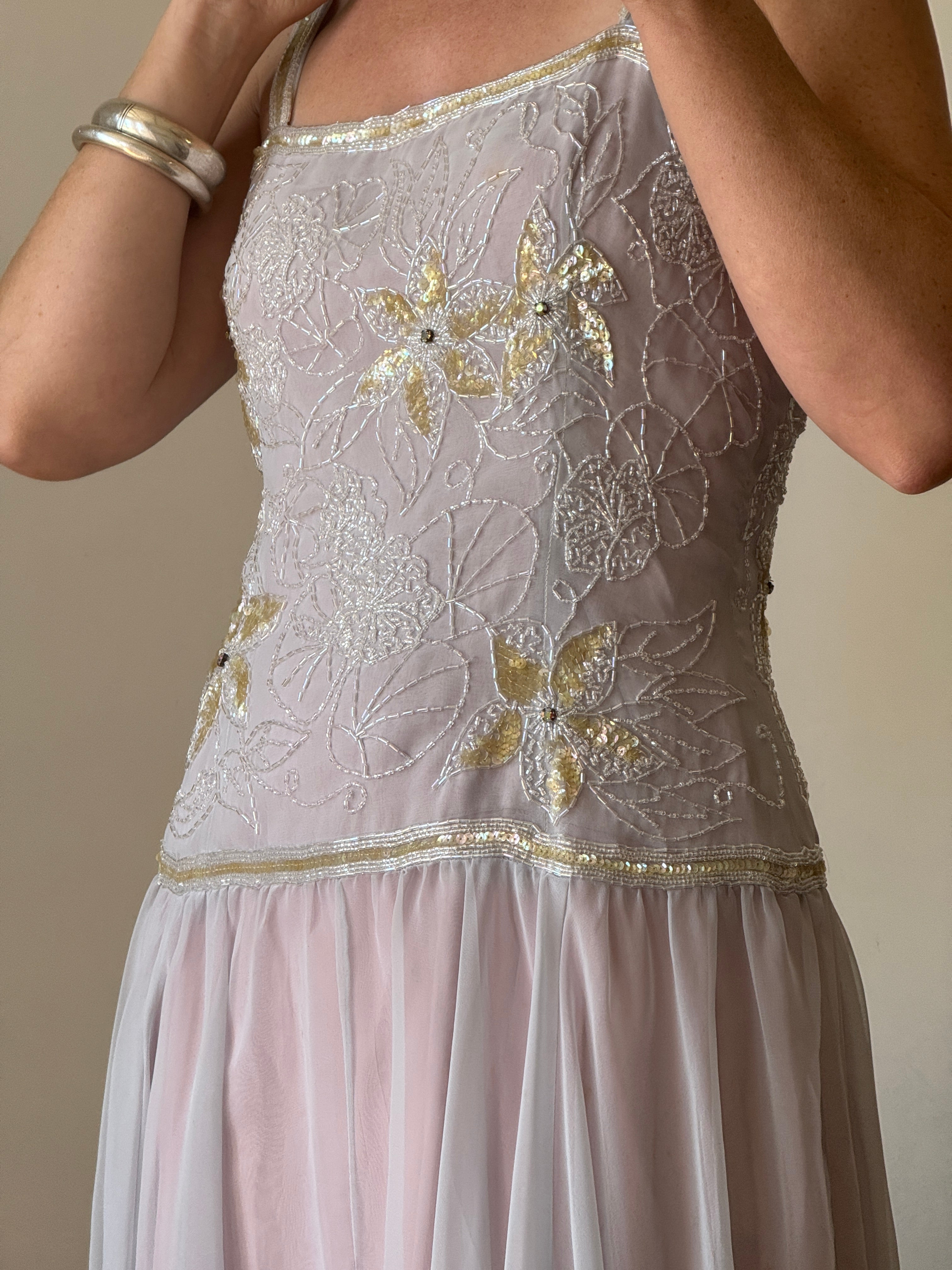 Vintage 70s Drop Waist Beaded Dress Sunrise Lilac
