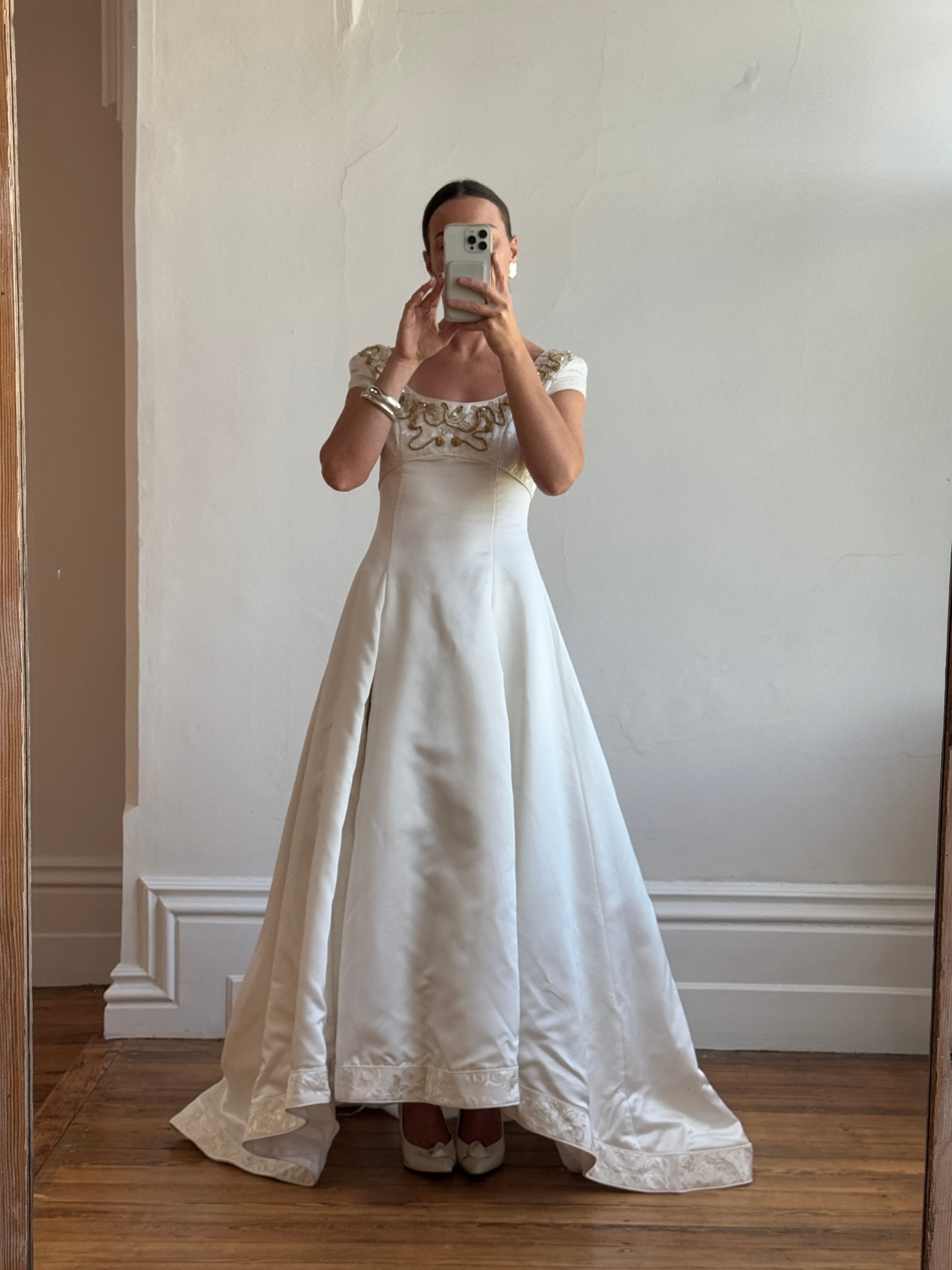 Vintage 90s Golden Brocade Cap Sleeve Wedding Gown