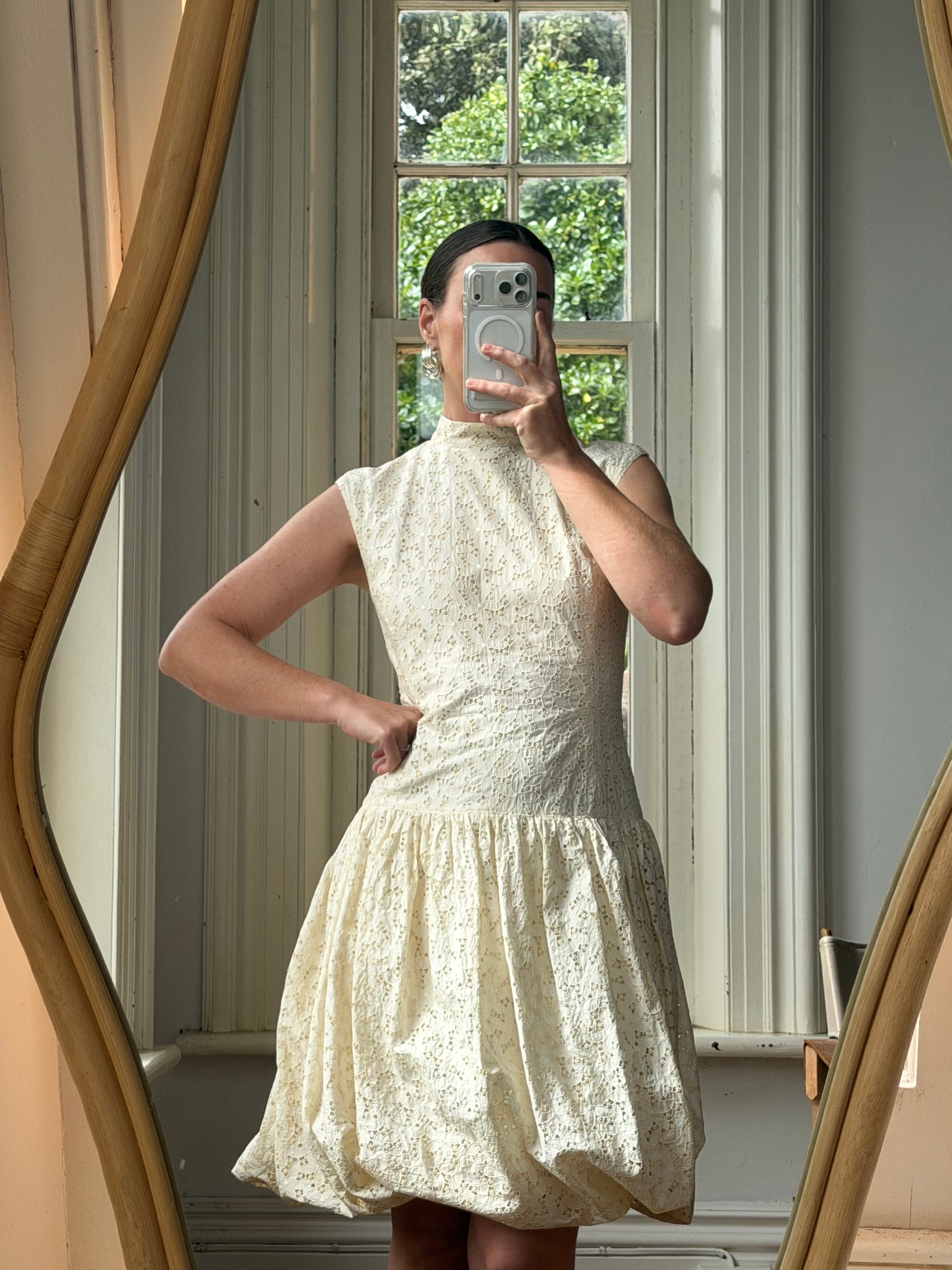 Vintage 90s Cream Broderie Anglaise Bubble Mini Dress