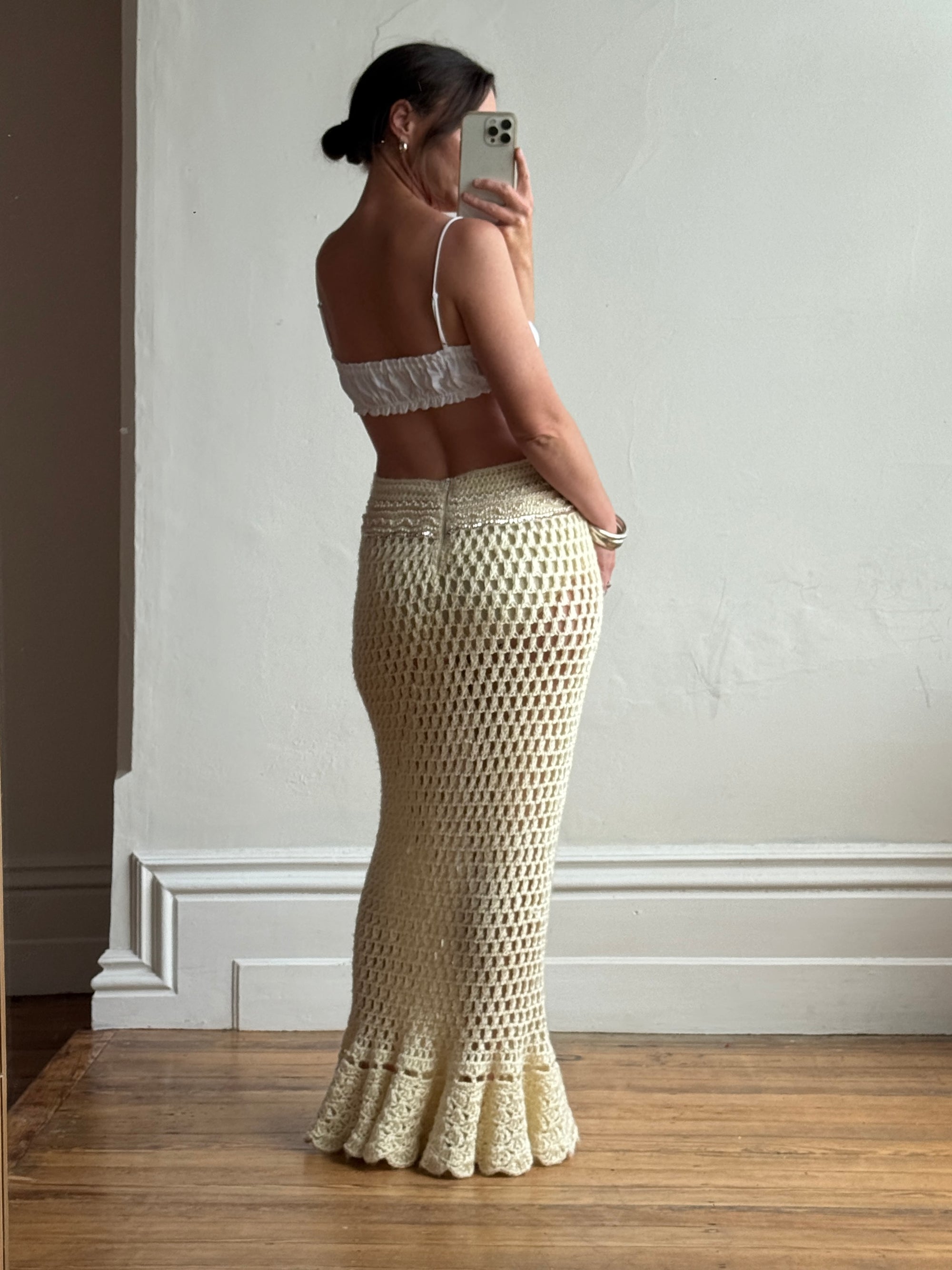 Vintage 70s Wool Crochet Beaded Mermaid Bias Skirt