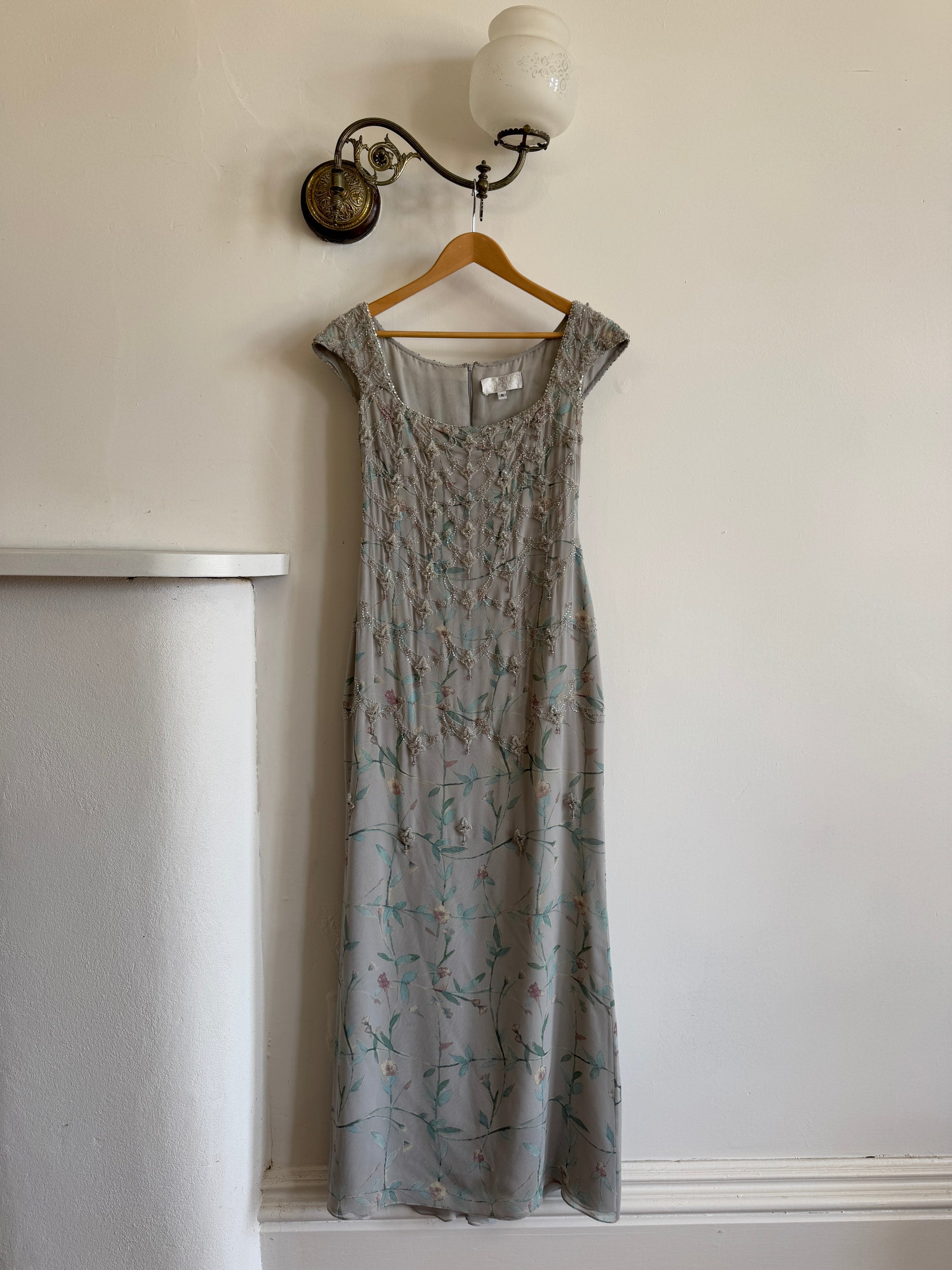 Vintage 90s Badgley Mischka Silver Pure Silk Embellished Gown