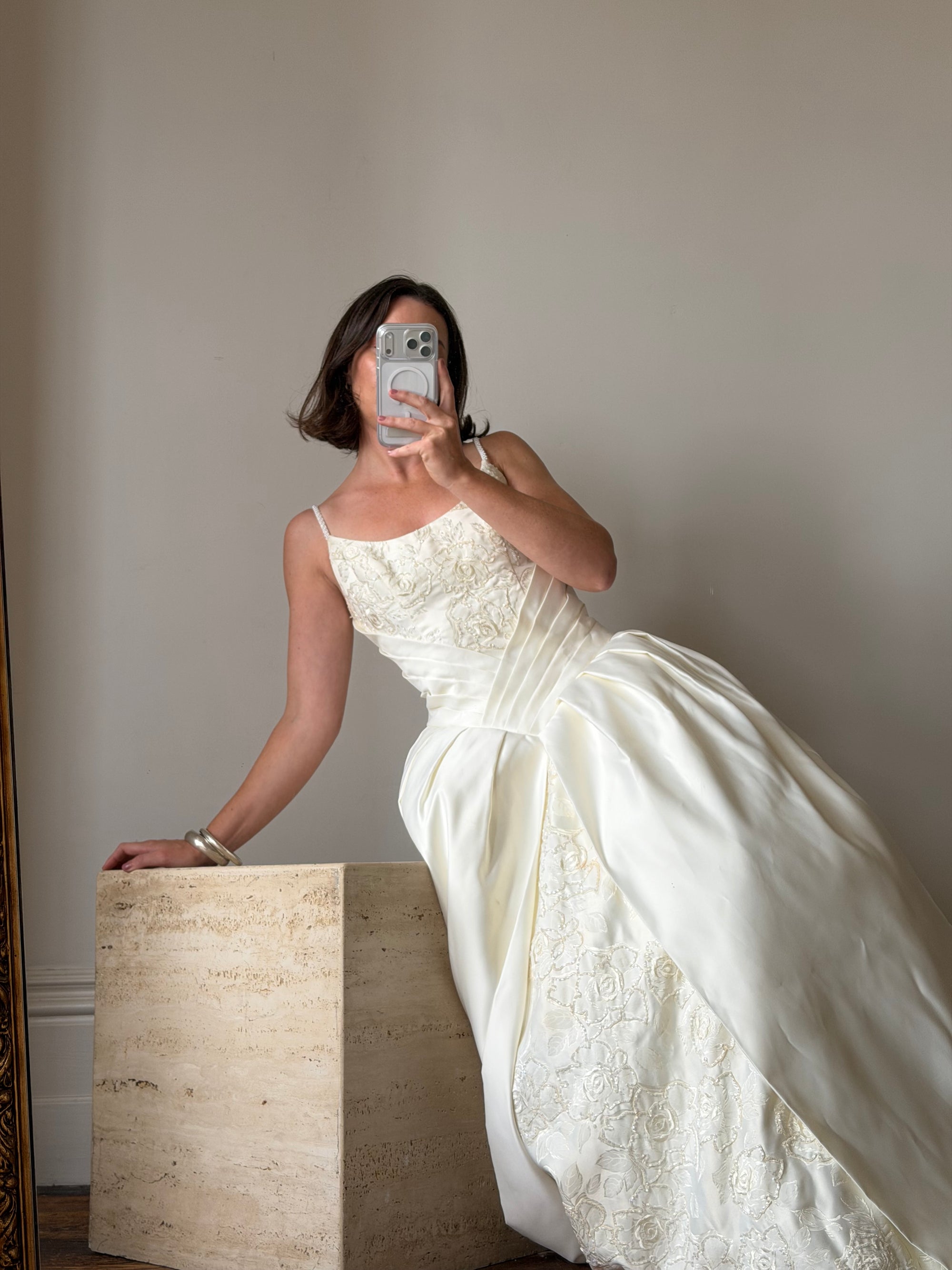 Vintage 90s Pleated Jacquard Satin Wedding Gown