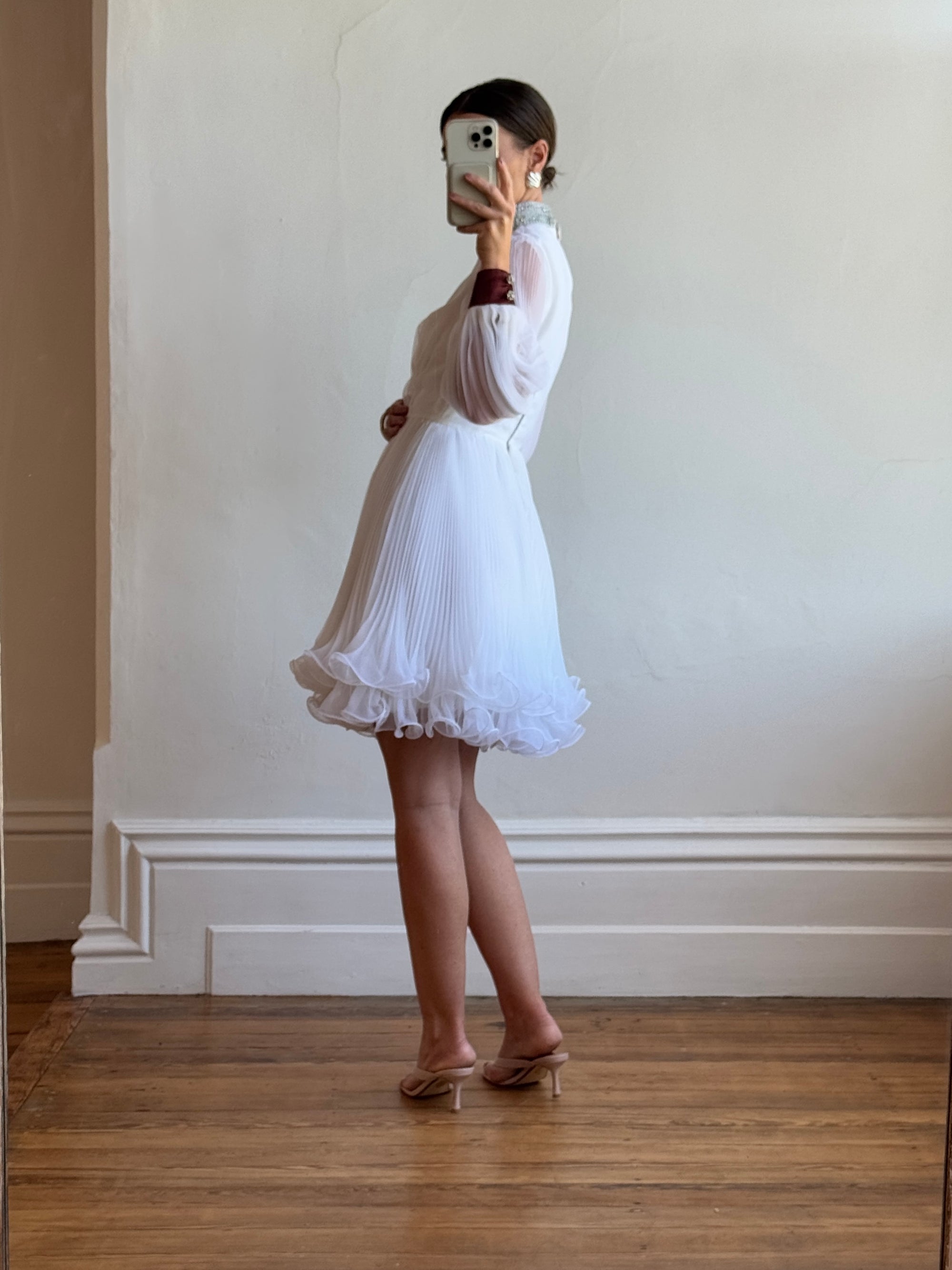 70s white mini dress Vintage 70s White Halter Mini Dress Beaded Plunging V Neckline Party Cocktail MEDIUM M