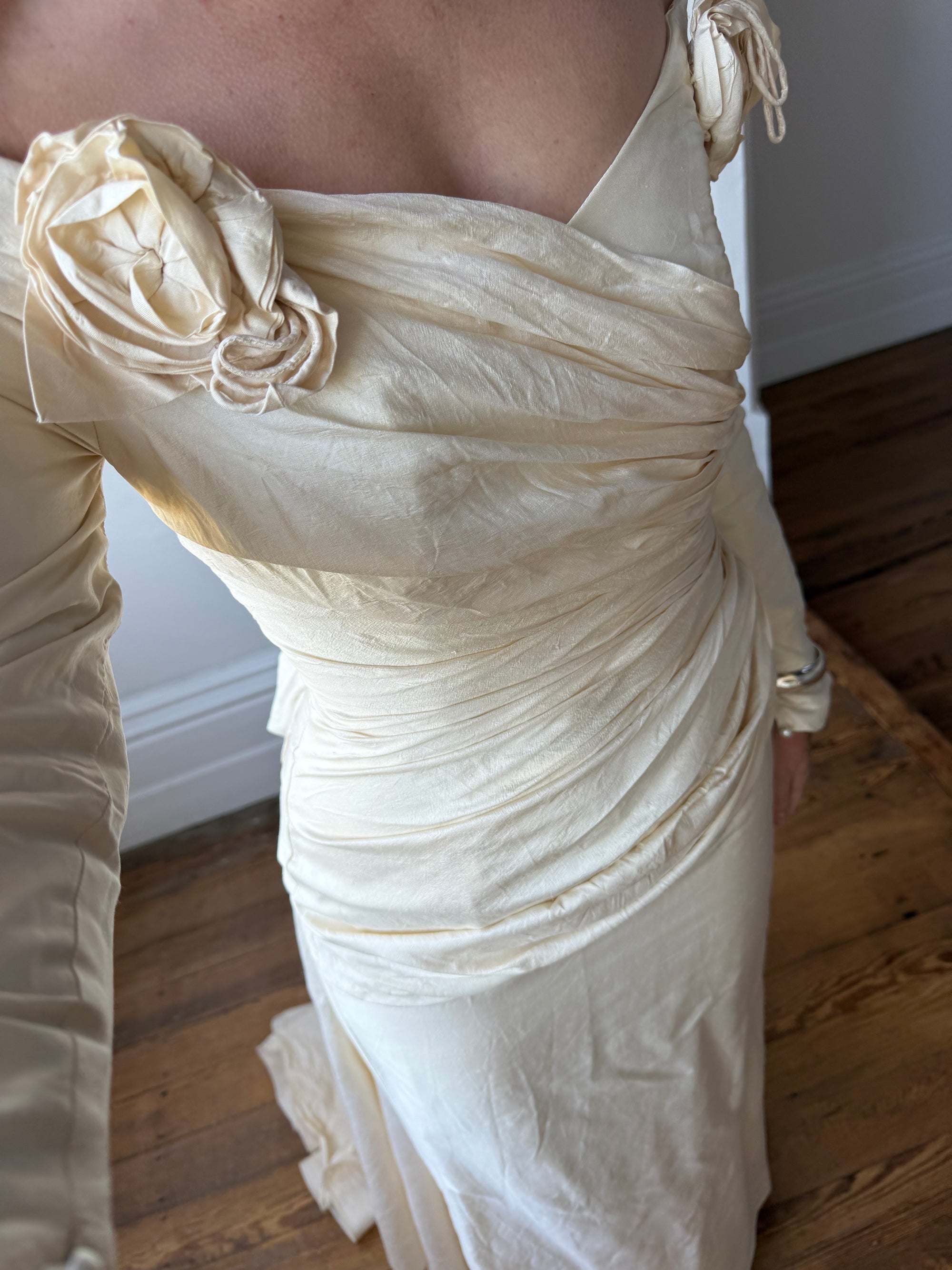 Vintage 90s Silk Rosette Off Shoulder Gown With Bow Train