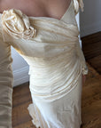Vintage 90s Silk Rosette Off Shoulder Gown With Bow Train