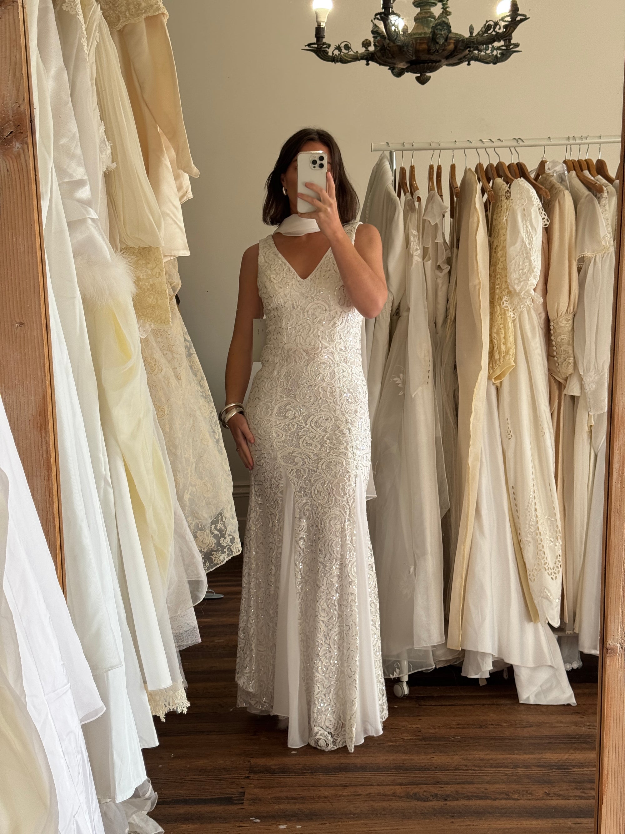 Vintage 90s Silver Sequin Fairy Wedding Dress With Scarf