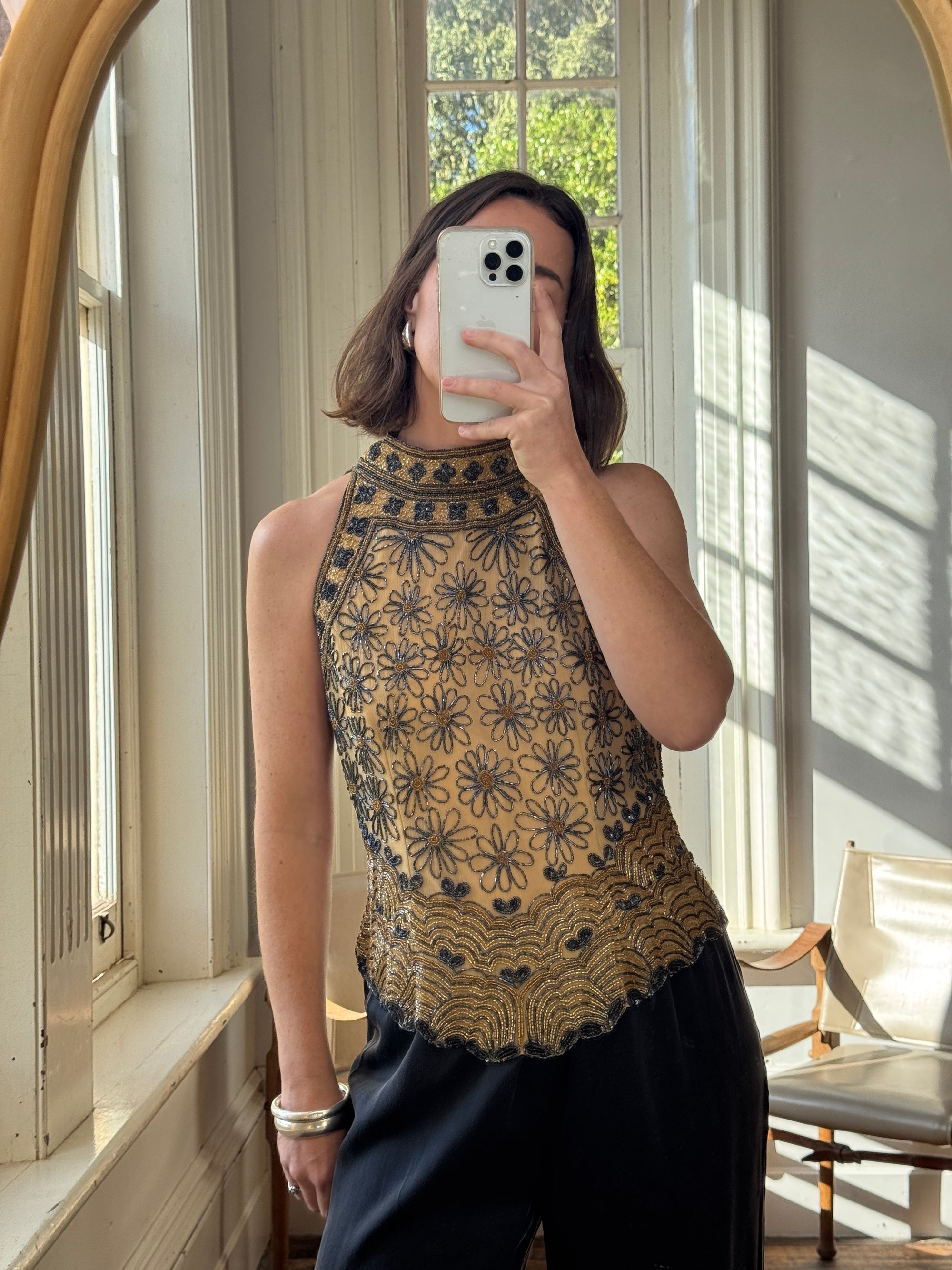 Vintage 90s Beaded Silk High Neck Top Golden Noir