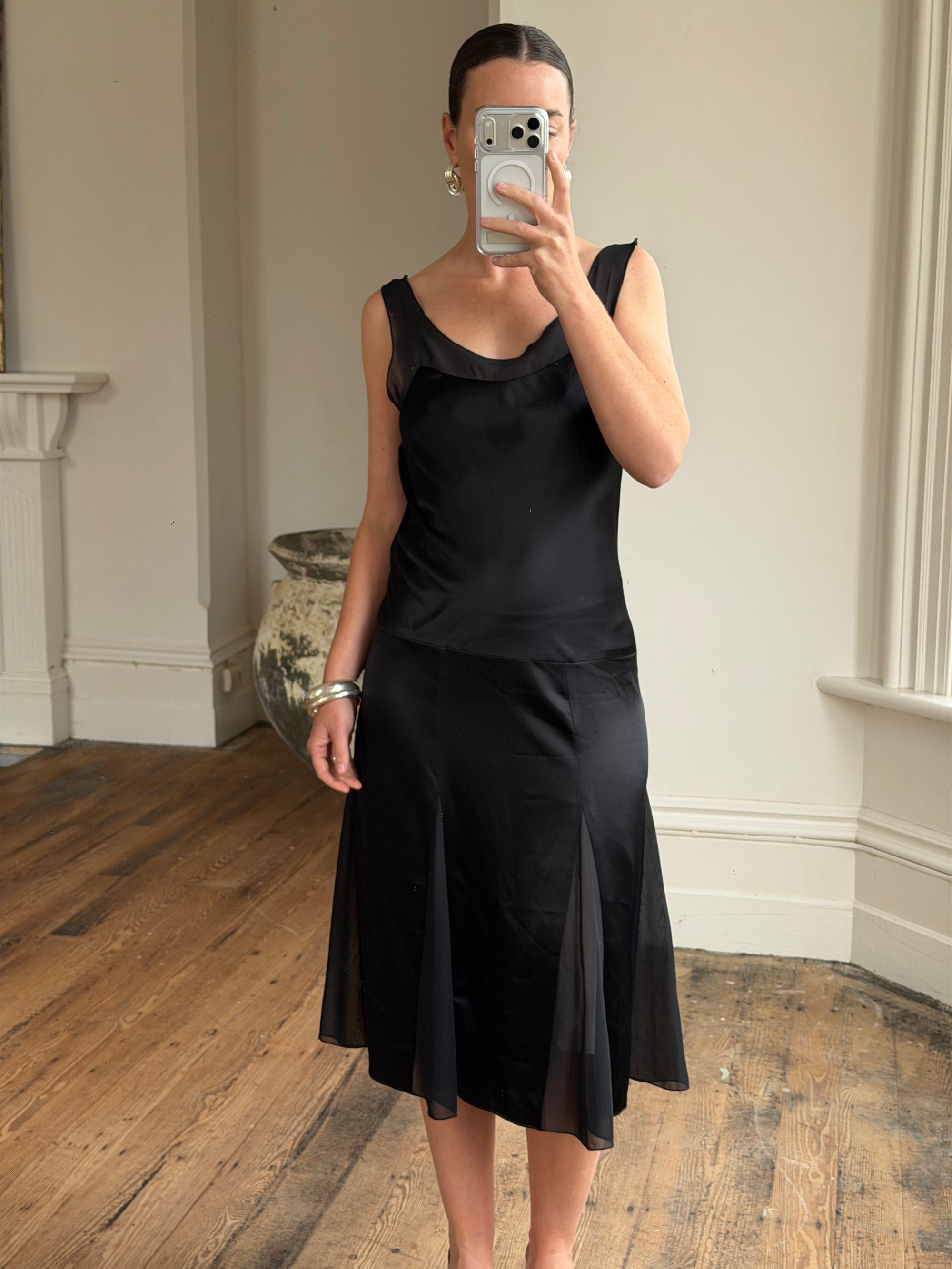 Vintage 90s Satin Drop Waist Midi Dress Noir