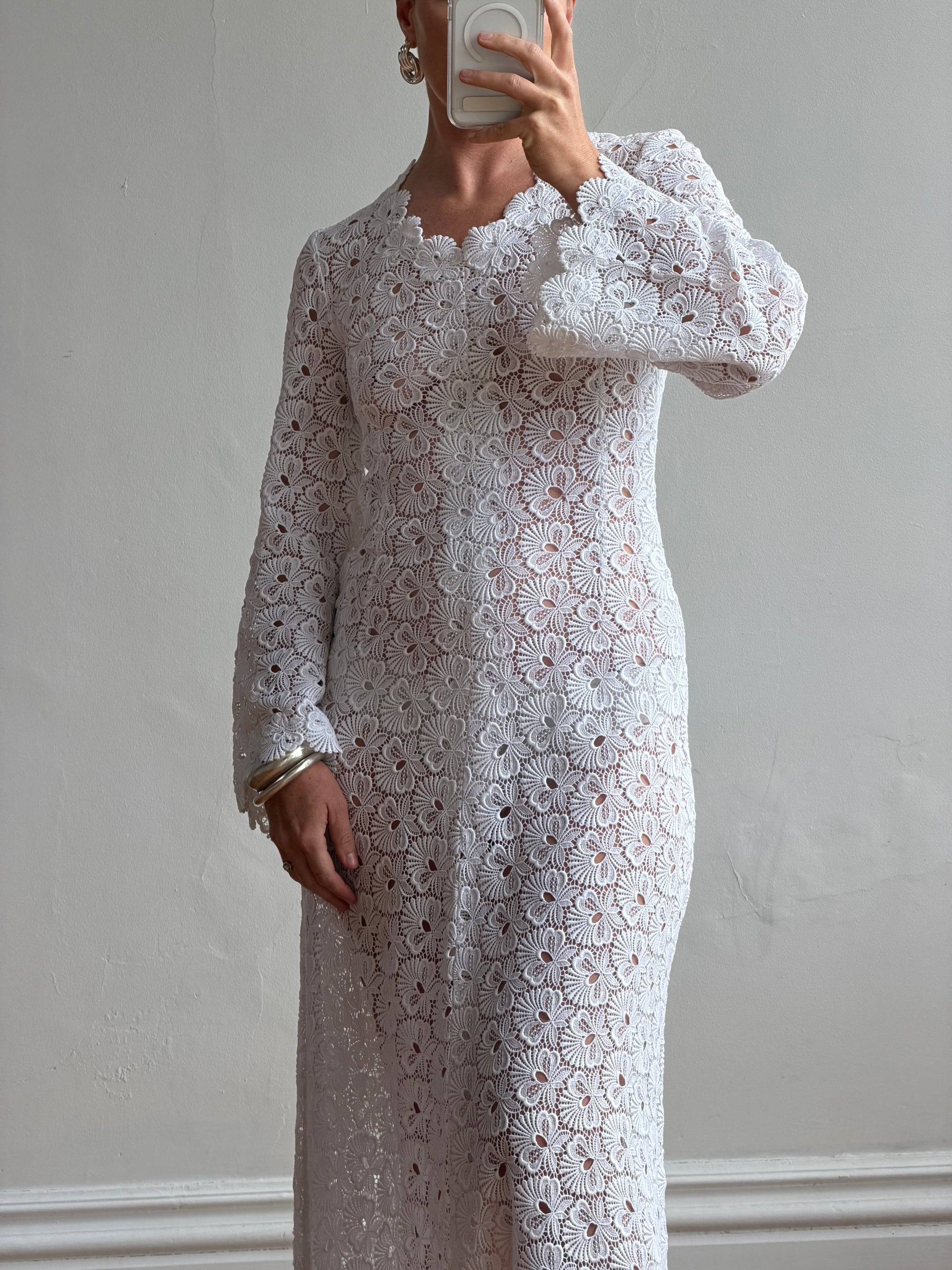 Vintage 60s Crochet Lace Long Sleeved Wedding Gown