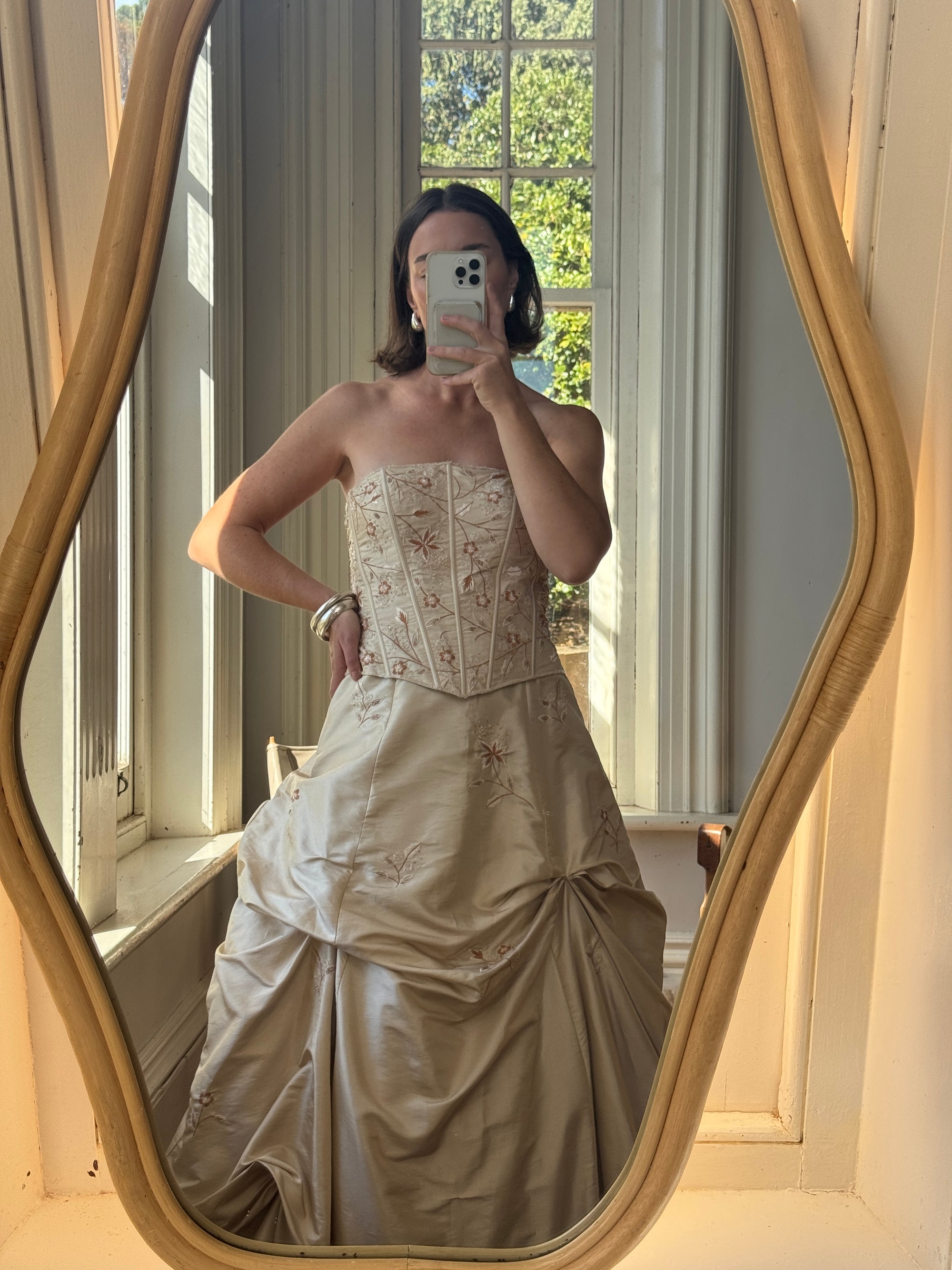 Vintage 90s Golden Embroidered Princess Strapless Gown