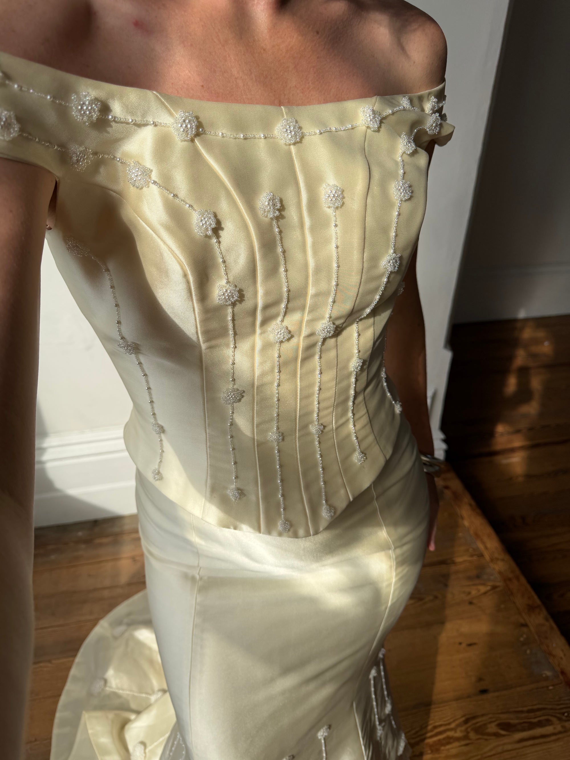 Vintage 90s Italian Two Piece Off Shoulder Beaded Rosette Wedding Set