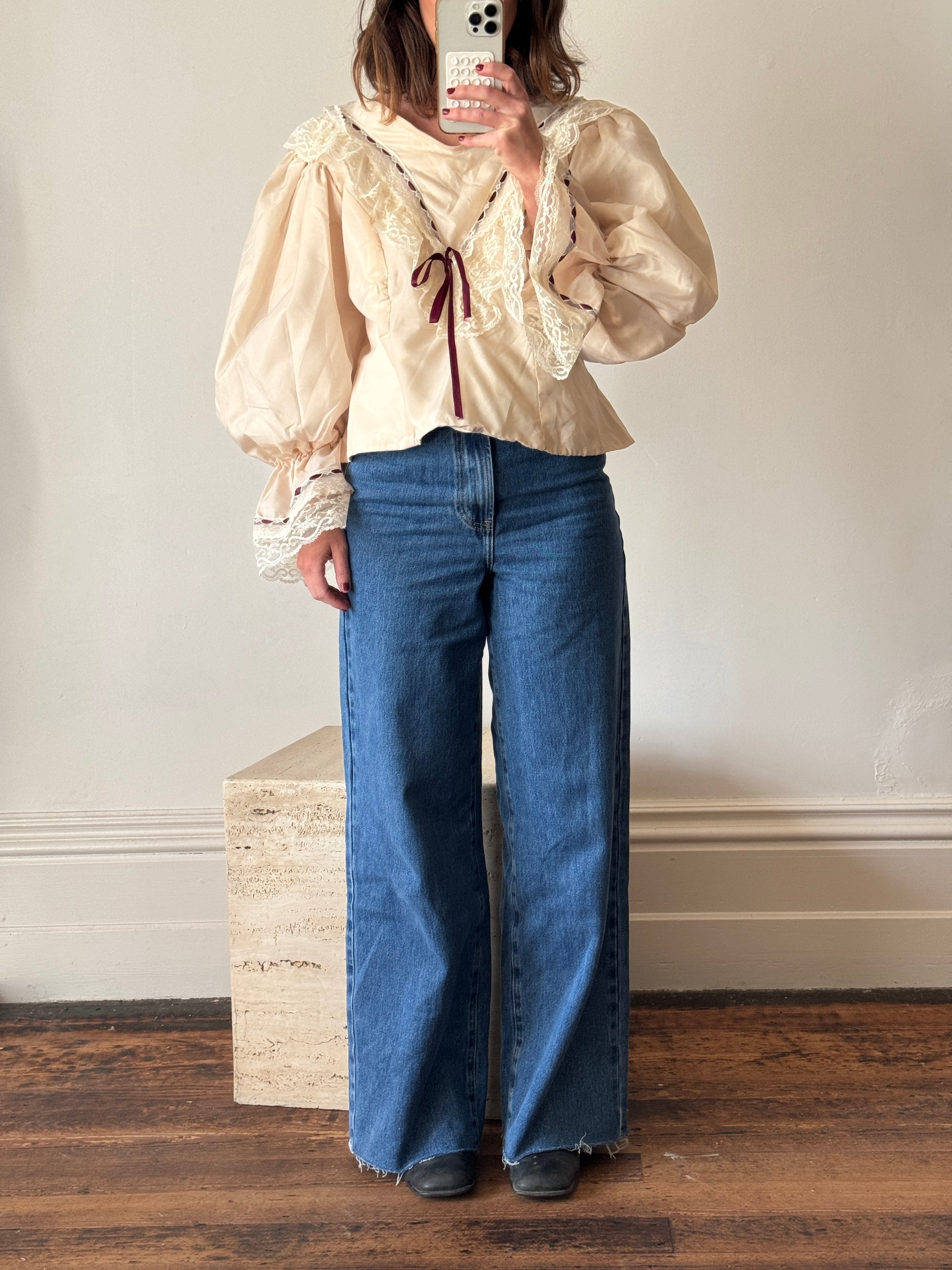 Vintage 80s Puff Sleeve Blouse with Cherry Ribbon