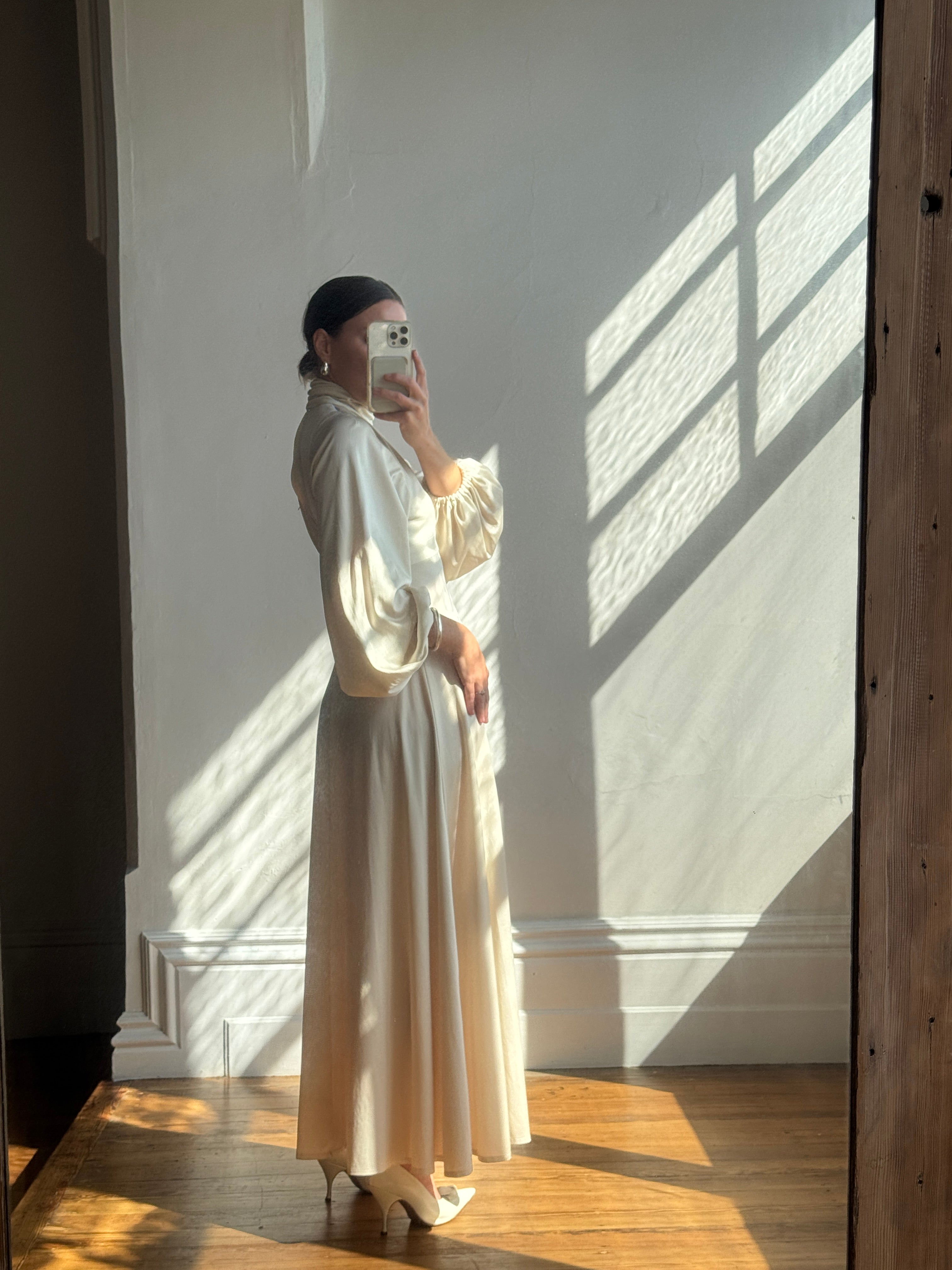 Vintage 70s Jersey High Neck Maxi Dress Creme