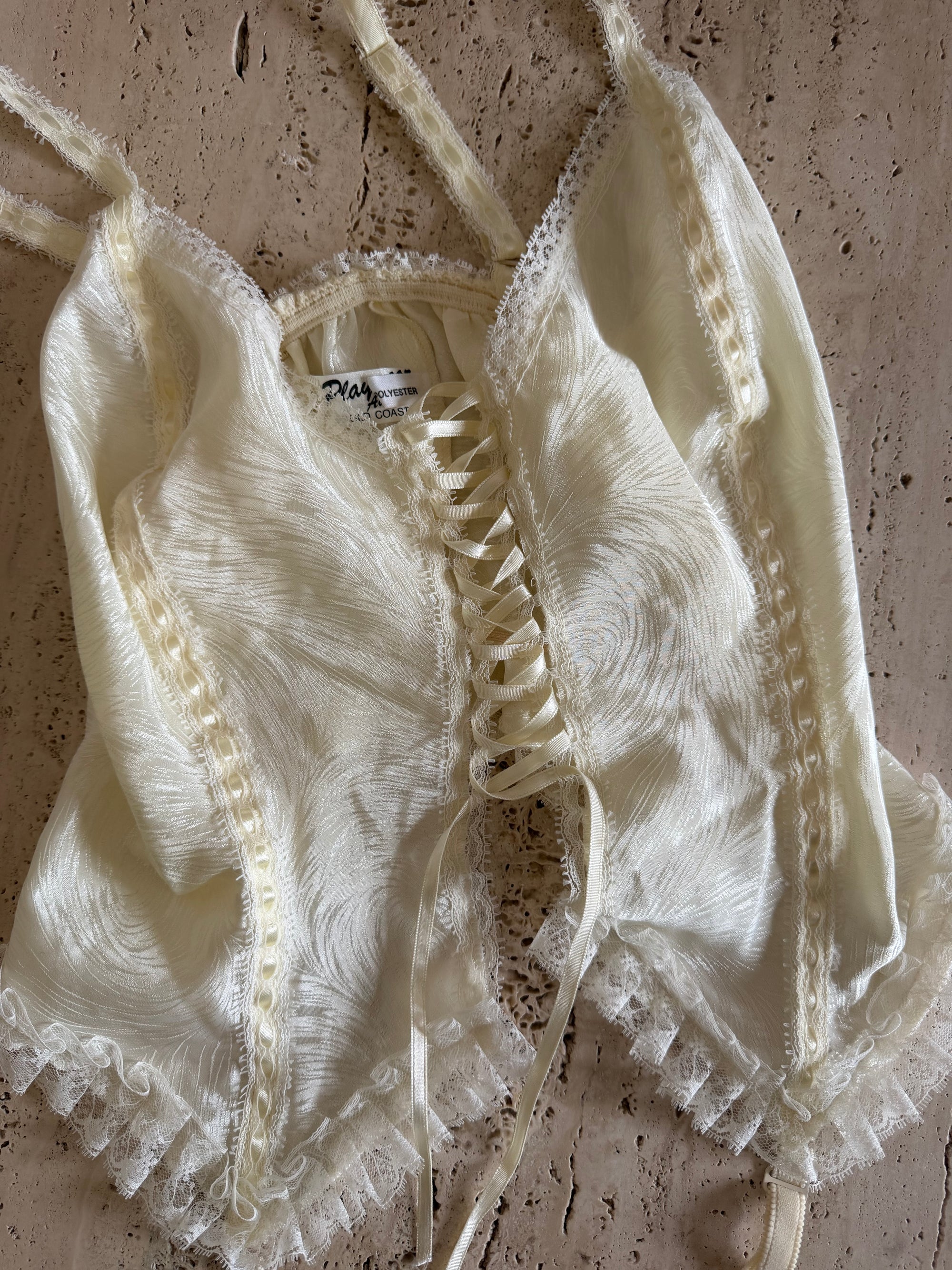 Vintage 90s Deadstock Lace Up Cream Scrunch Lingerie Set