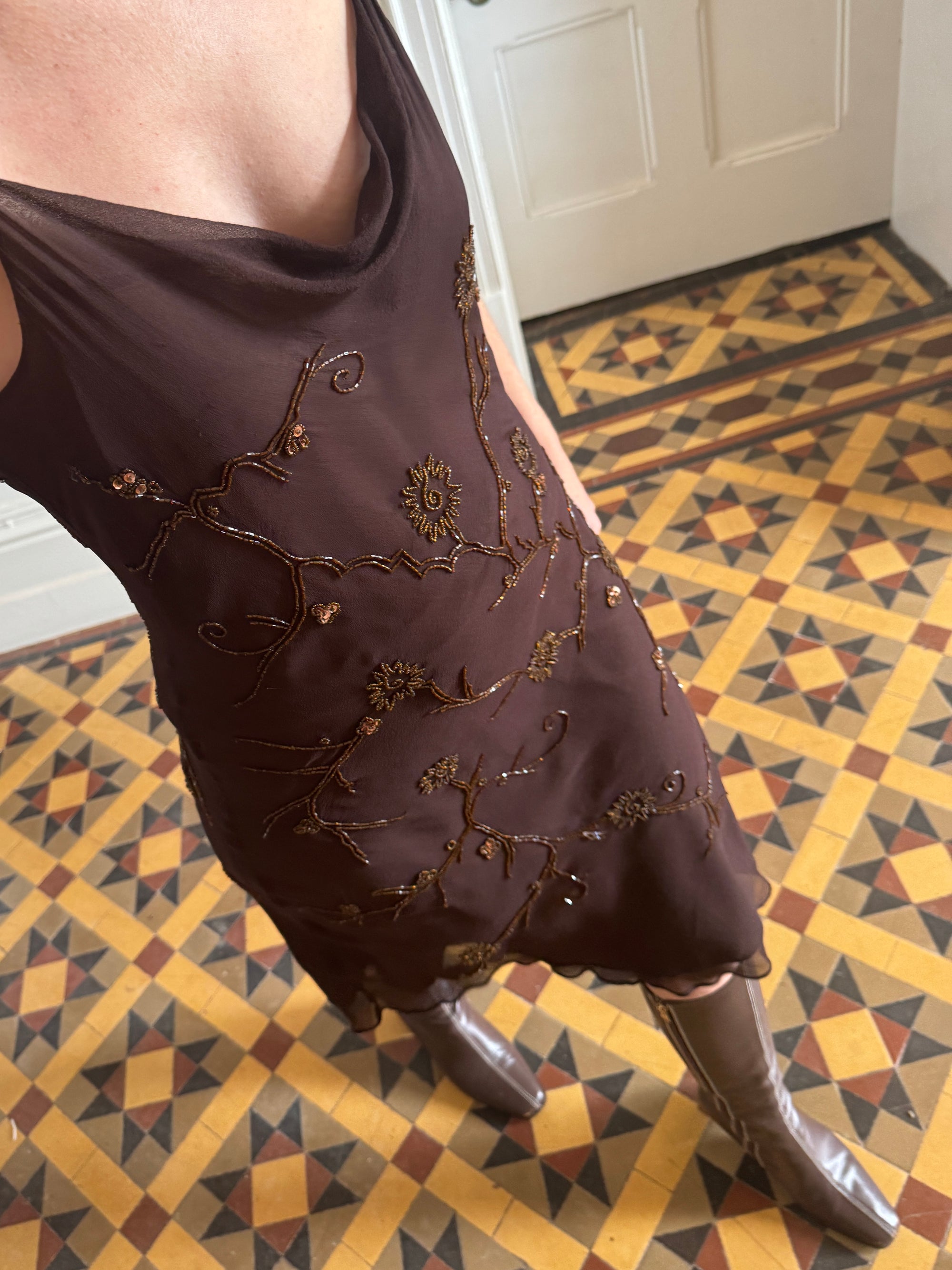 Vintage 90s Pure Silk Bias Cut Beaded Dress Brown