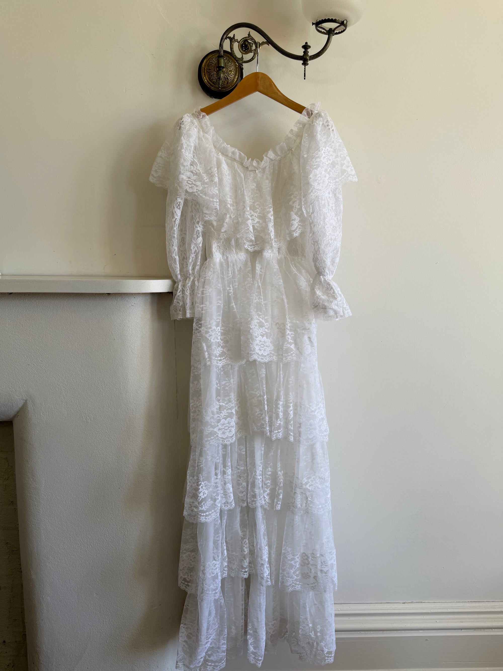 Vintage 70s Tiered Lace Wedding Dress Crisp White
