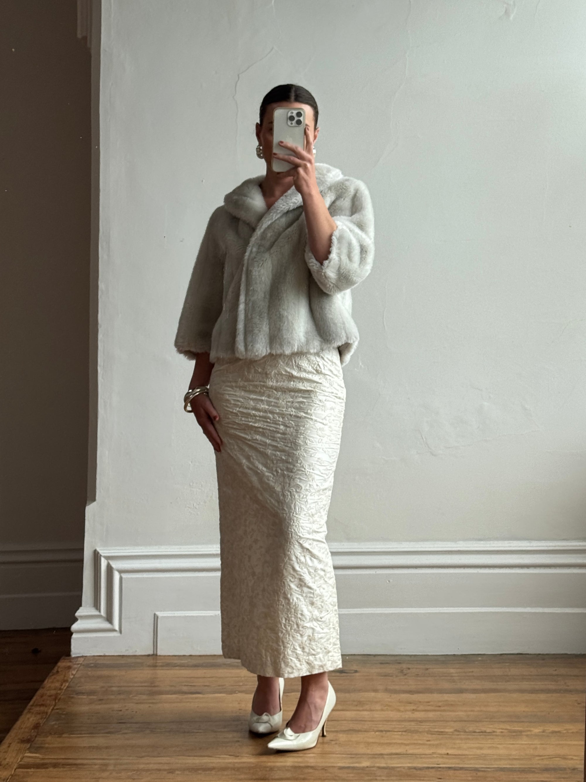 Vintage 60s Faux Fur Cropped Jacket Light Grey