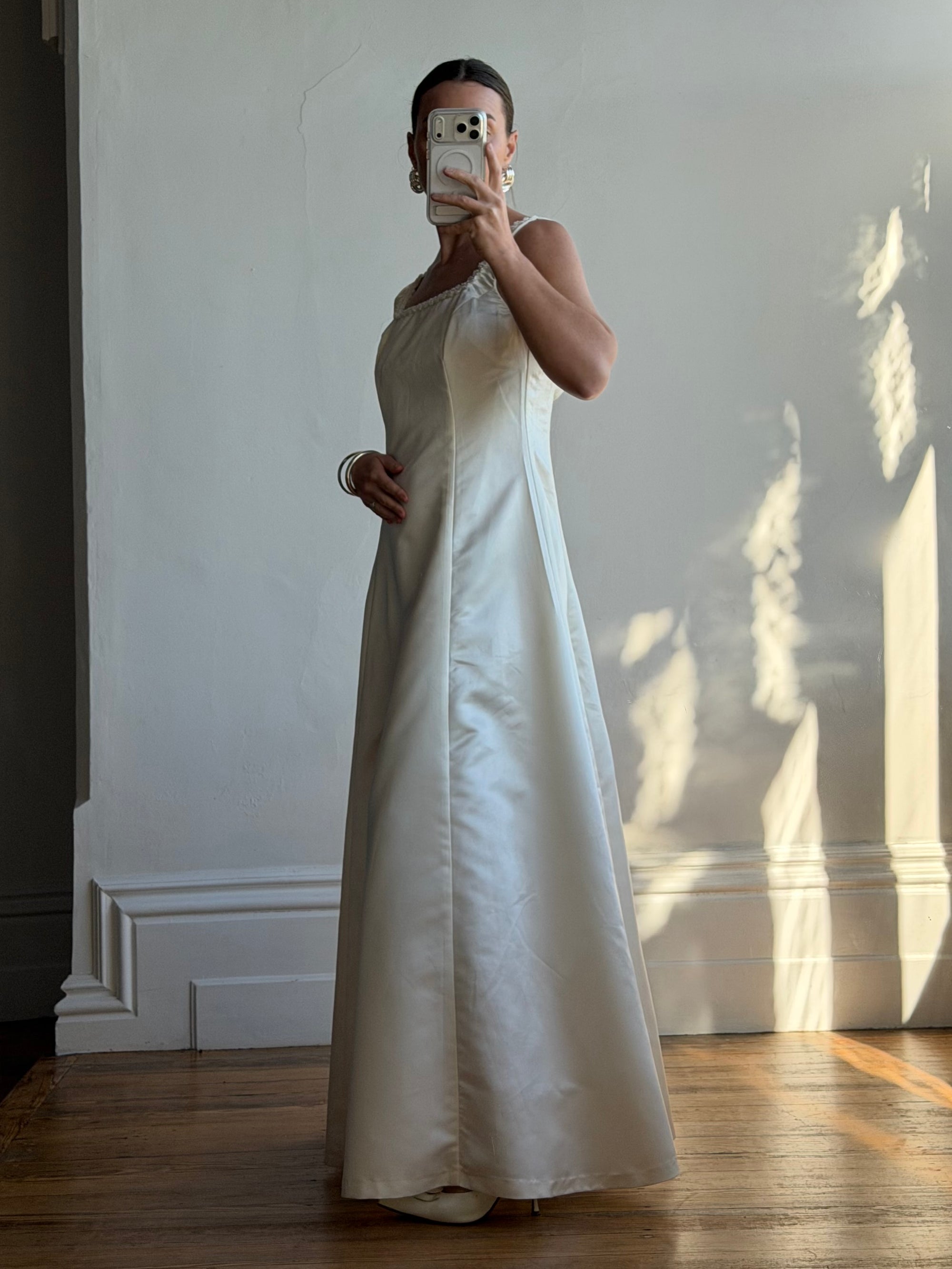 Vintage 90s Satin Rope Embroidered Slip Wedding Dress