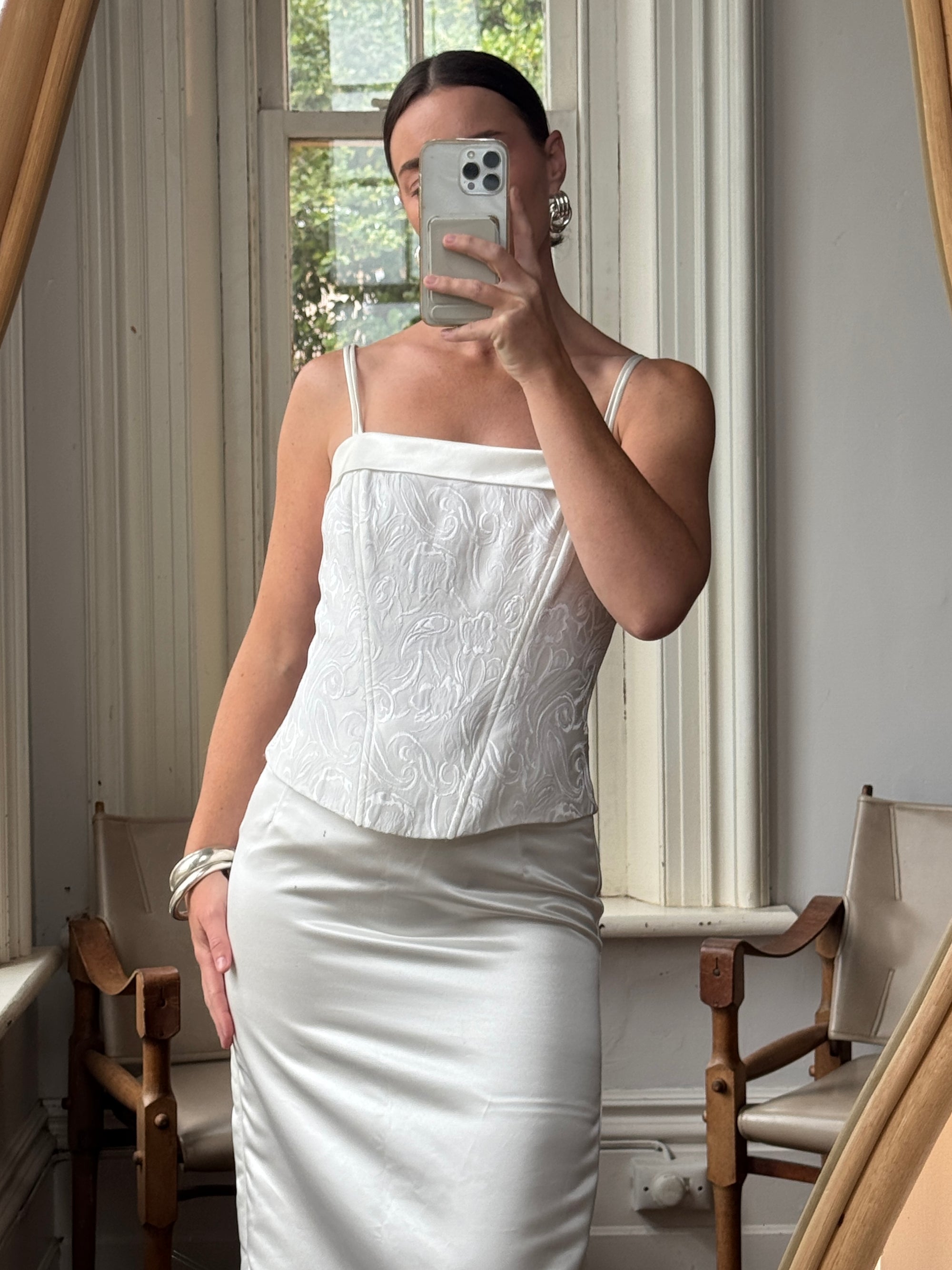 Vintage 90s Satin Jacquard Bodice and Skirt Set Ivory