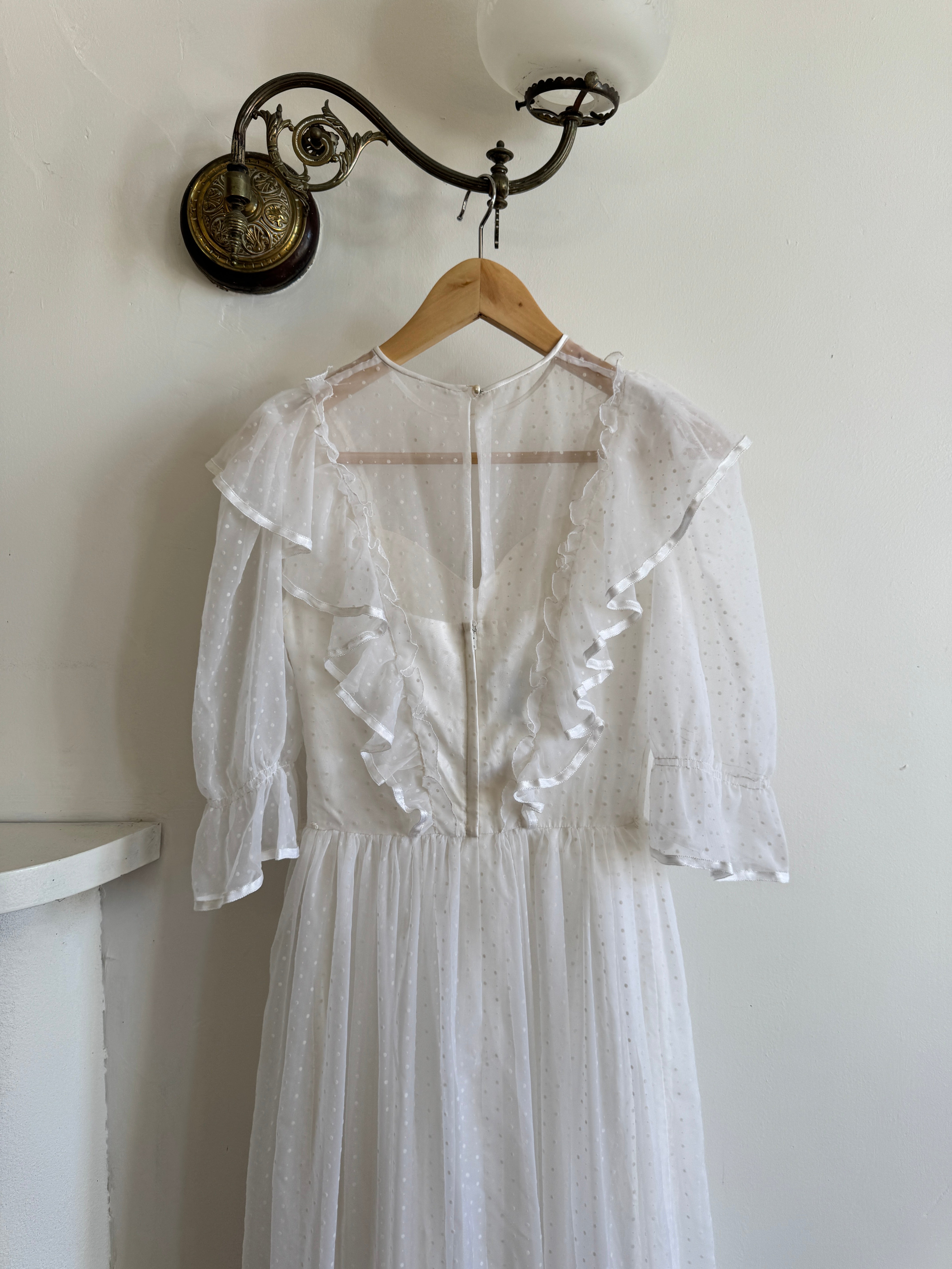 Vintage 70s Polka Chiffon Frill Wedding Dress