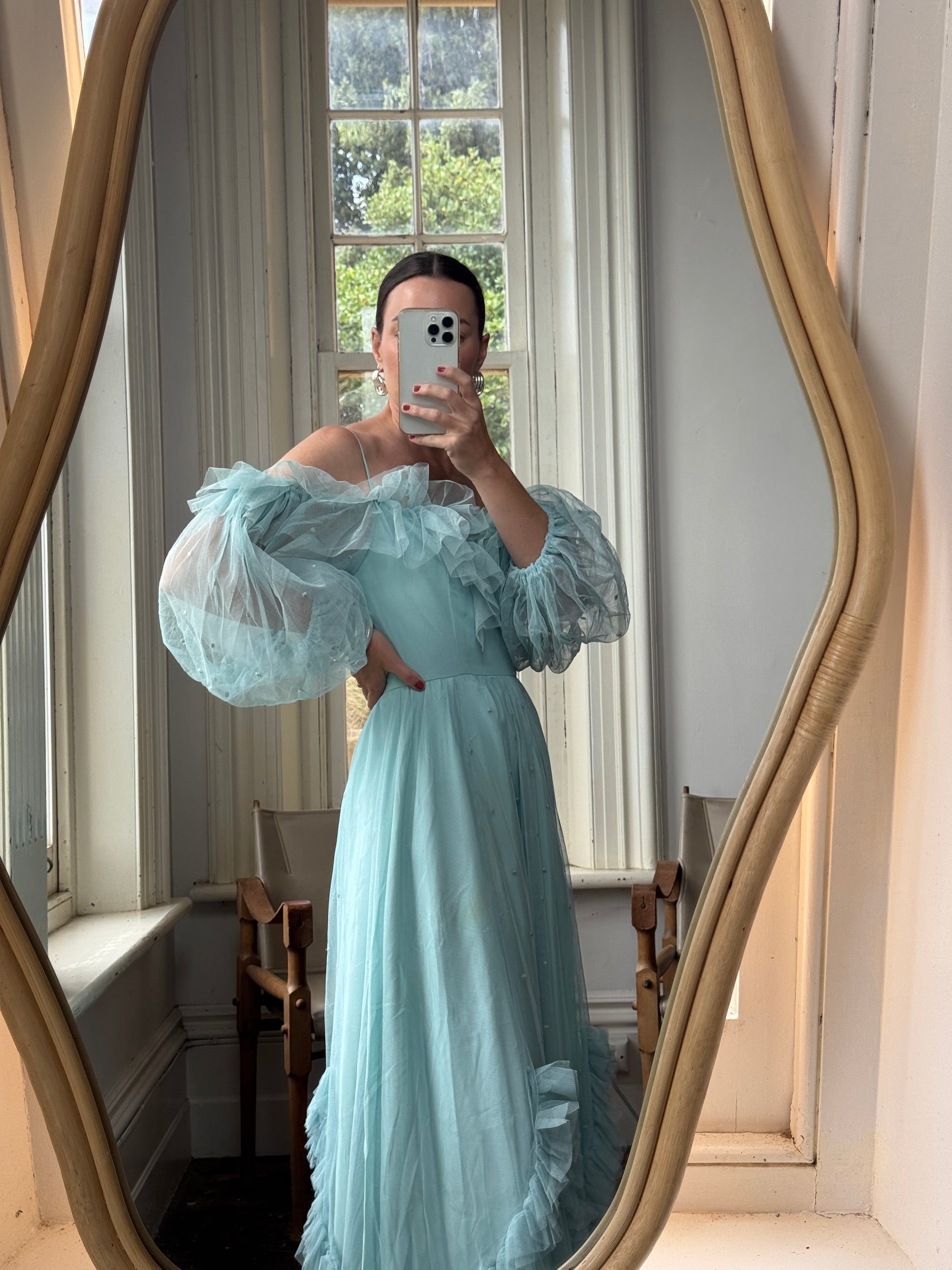 Vintage 80s Sky Blue Tulle Off Shoulder Party Dress