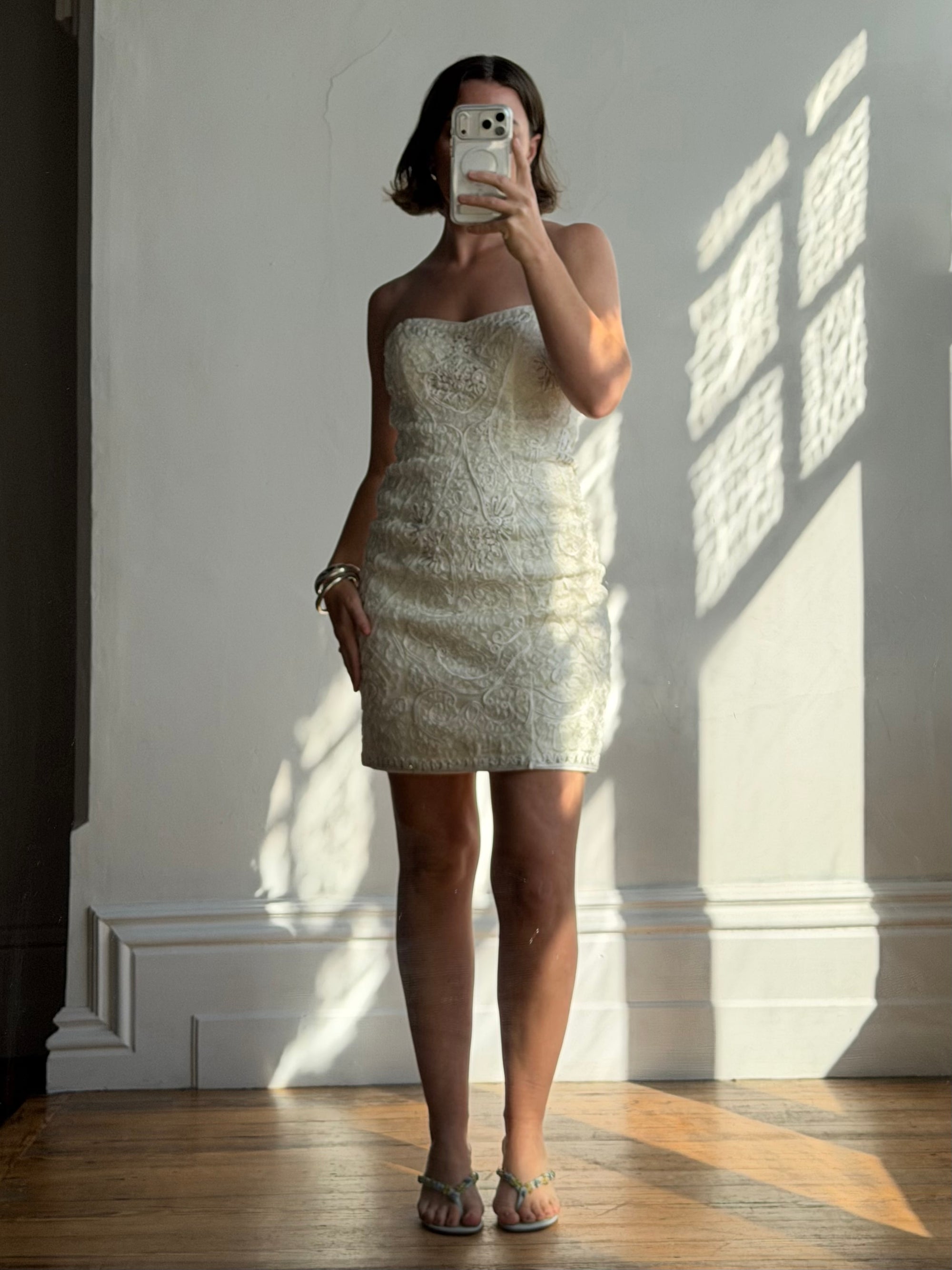 Vintage 90s Ribbon Crochet Embroidered Mini Dress