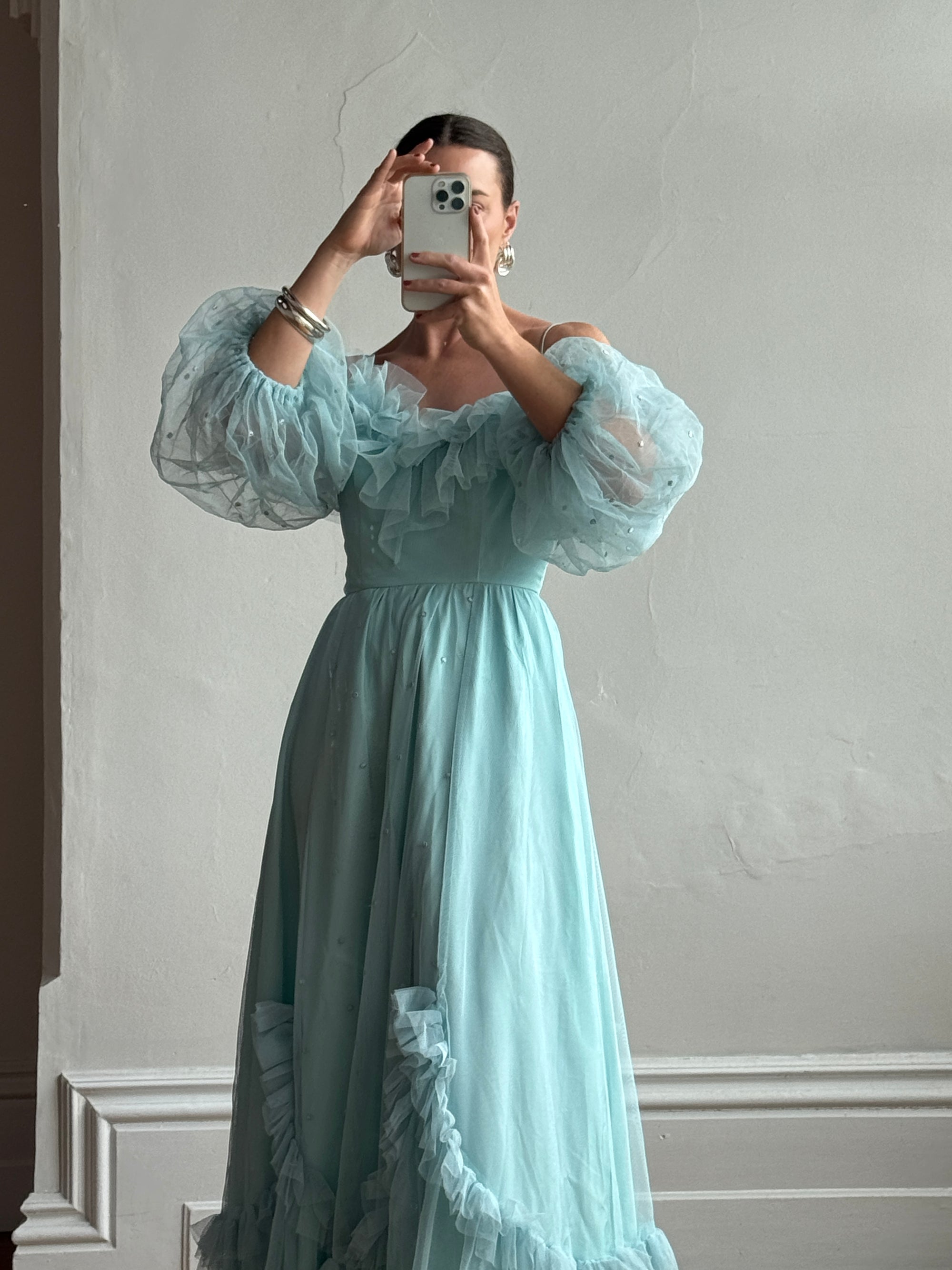 Vintage 80s Sky Blue Tulle Off Shoulder Party Dress