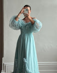 Vintage 80s Sky Blue Tulle Off Shoulder Party Dress