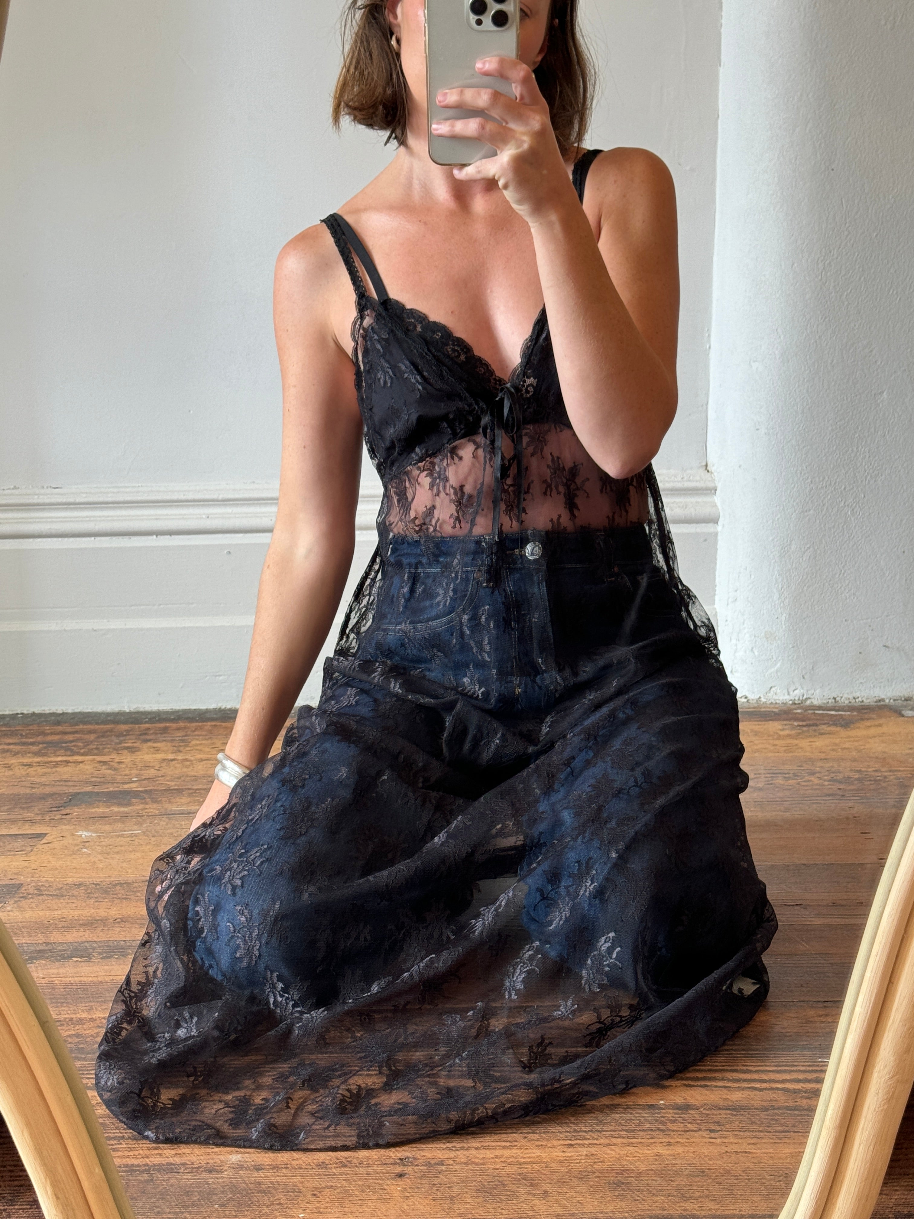 Vintage Black Lace Tie Front Slip Dress