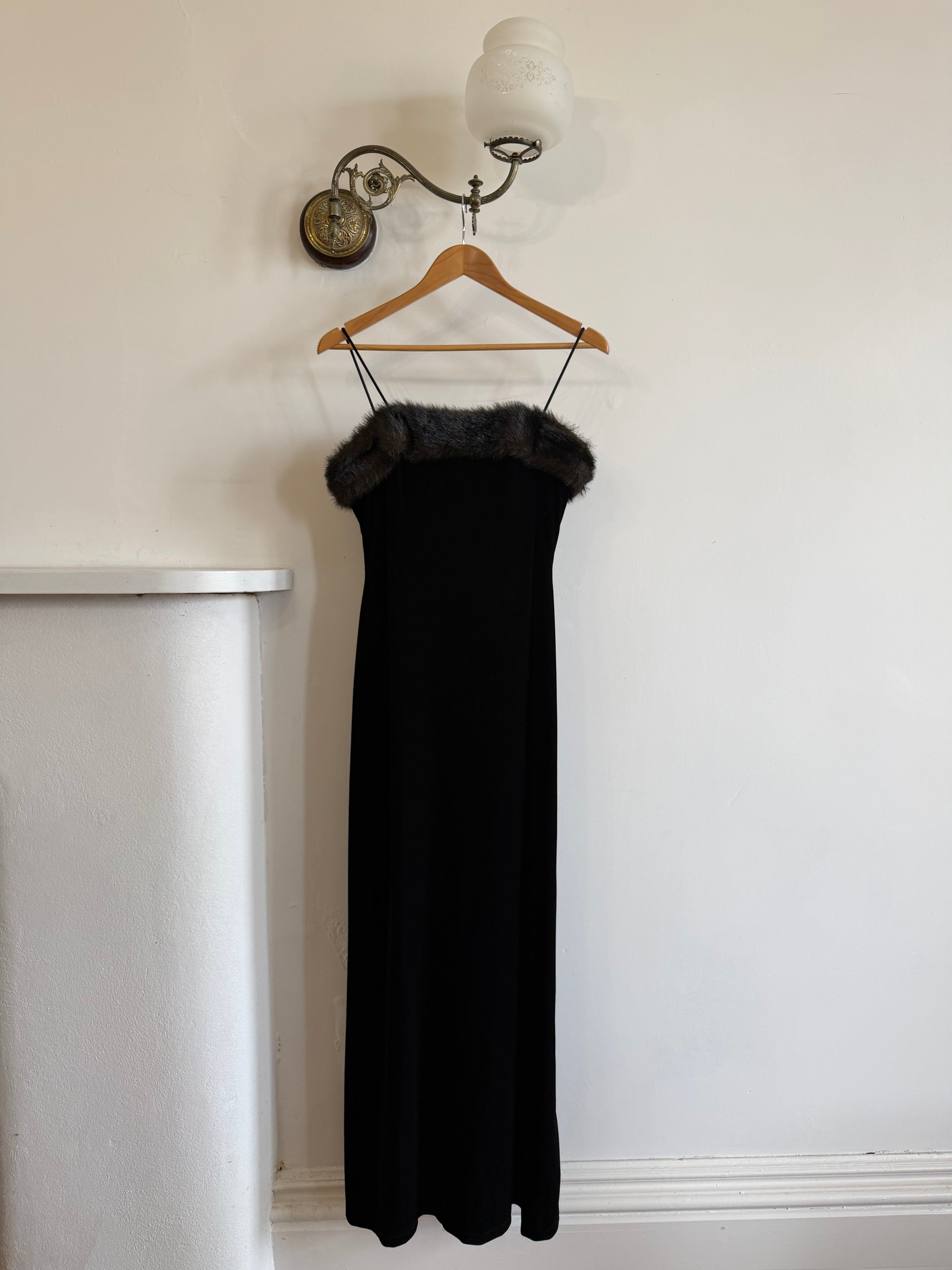 Vintage 90s Velvet Bodycon Maxi Dress with Fur Trim