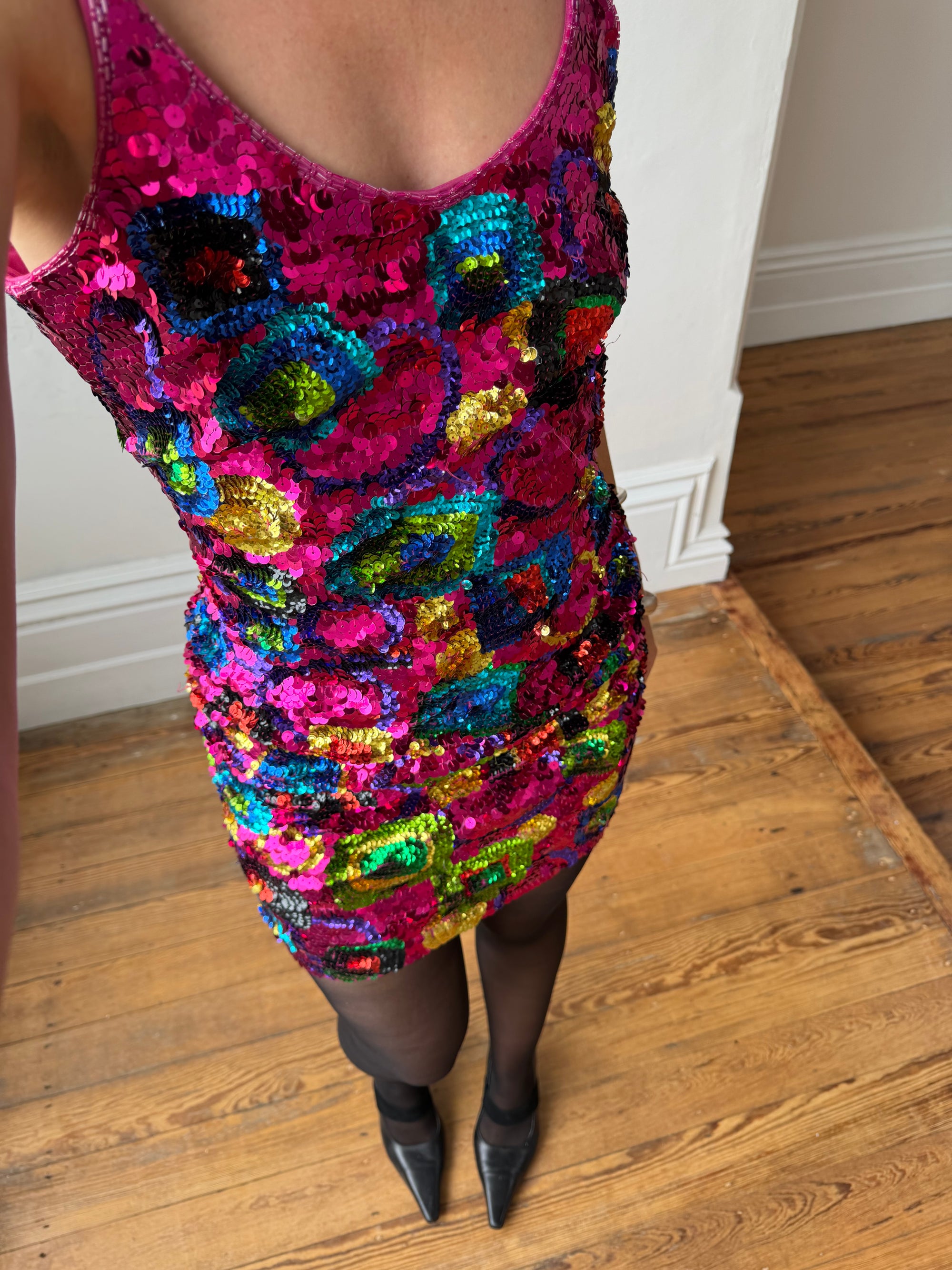 Vintage 90s Rainbow Disco Sequin Party Mini Dress