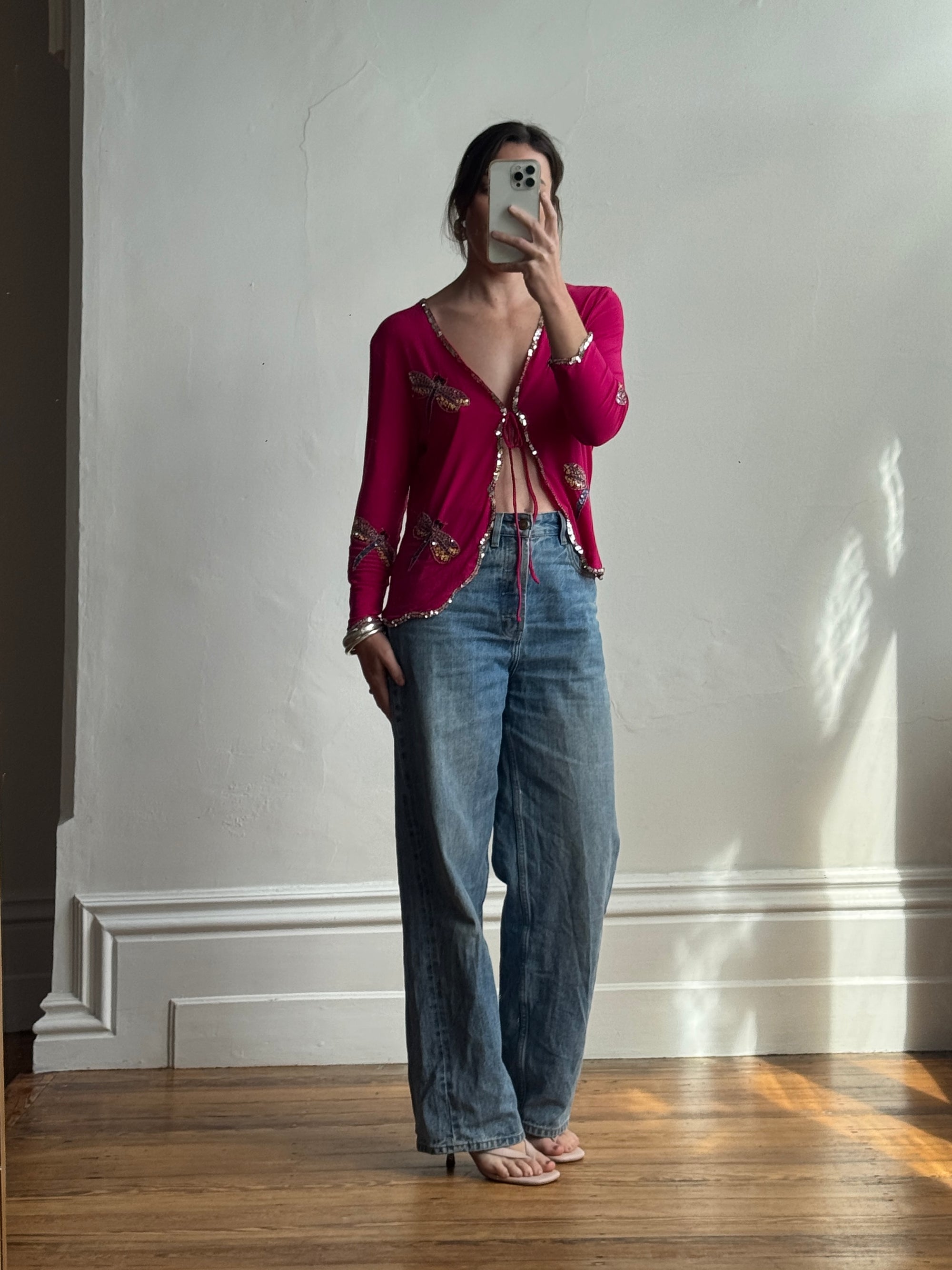 Vintage 90s Australian Made Dragonfly Sequin Tie Top