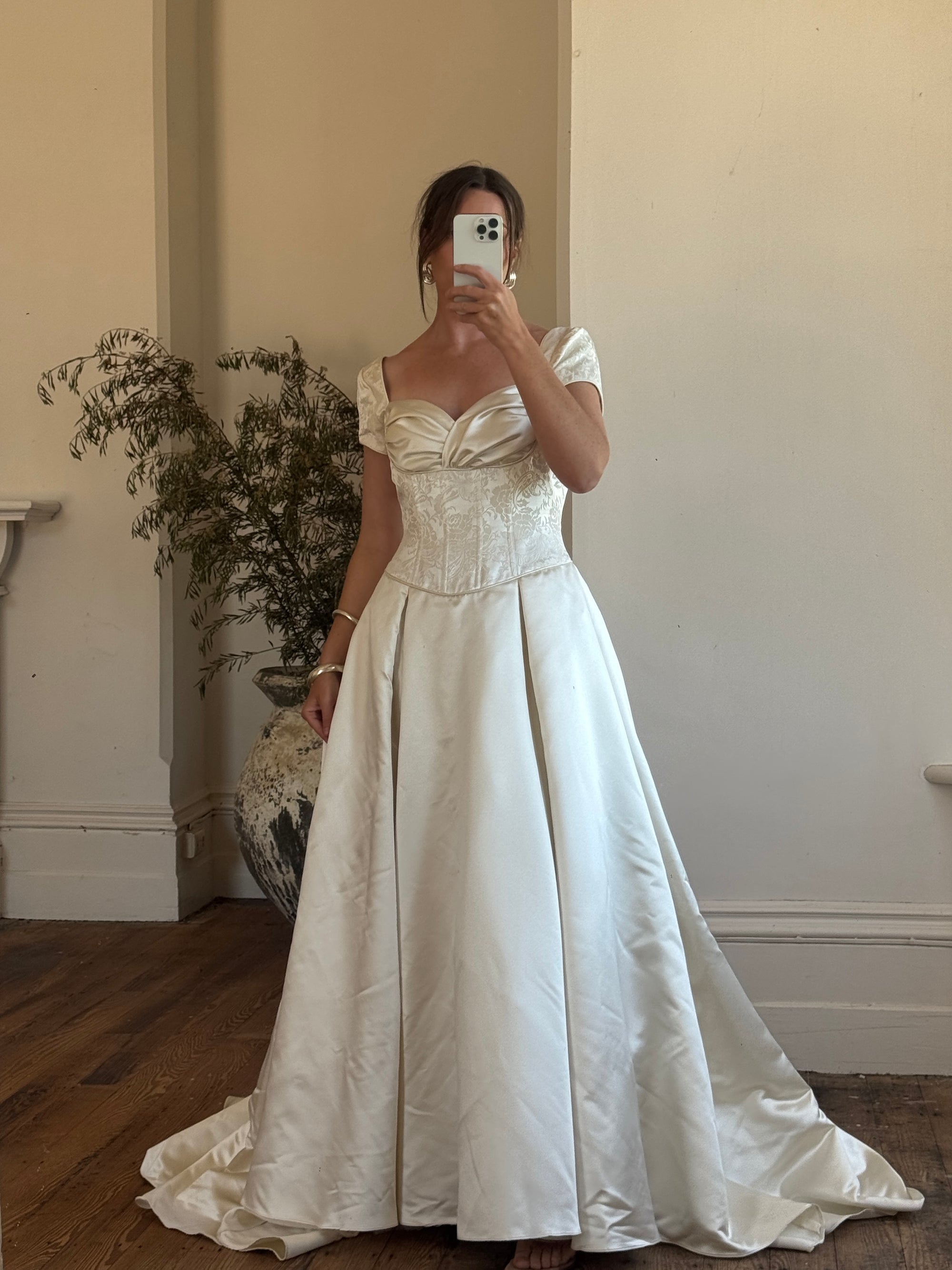 90s corset dress 90s Vintage Corset Wedding Dress: Damasked Fabric, Two-piece Bridal Gown