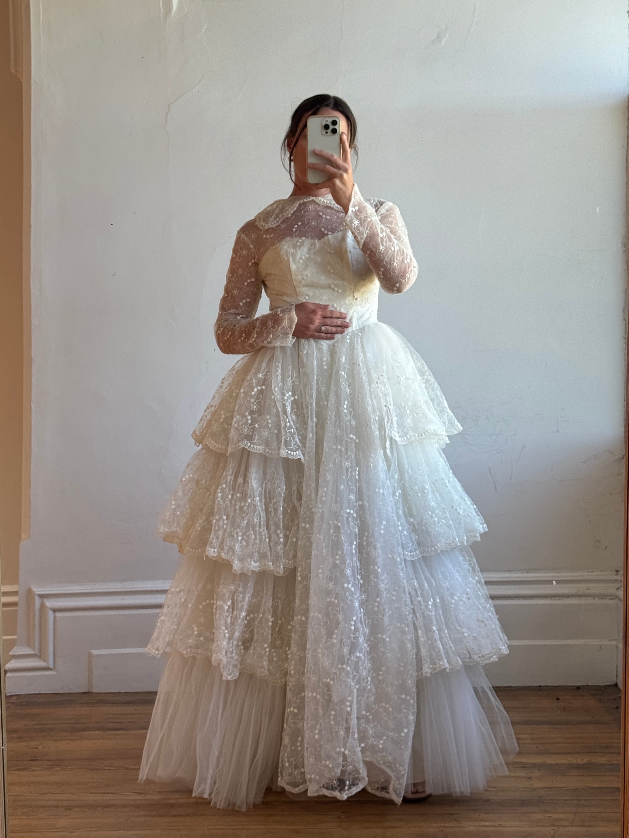 Vintage 70s Tiered Lace and Tulle Long Sleeved Wedding Gown