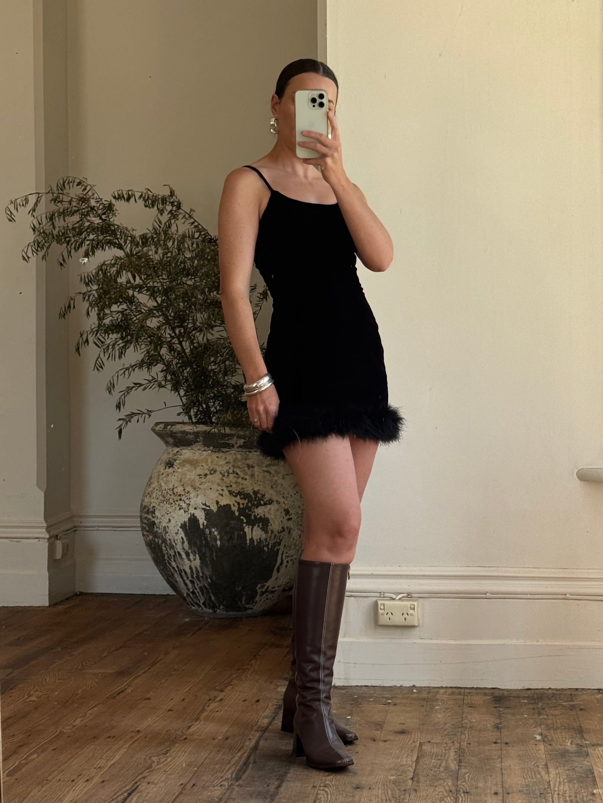 Vintage 90s Velvet Ostrich Feather Micro Mini Noir