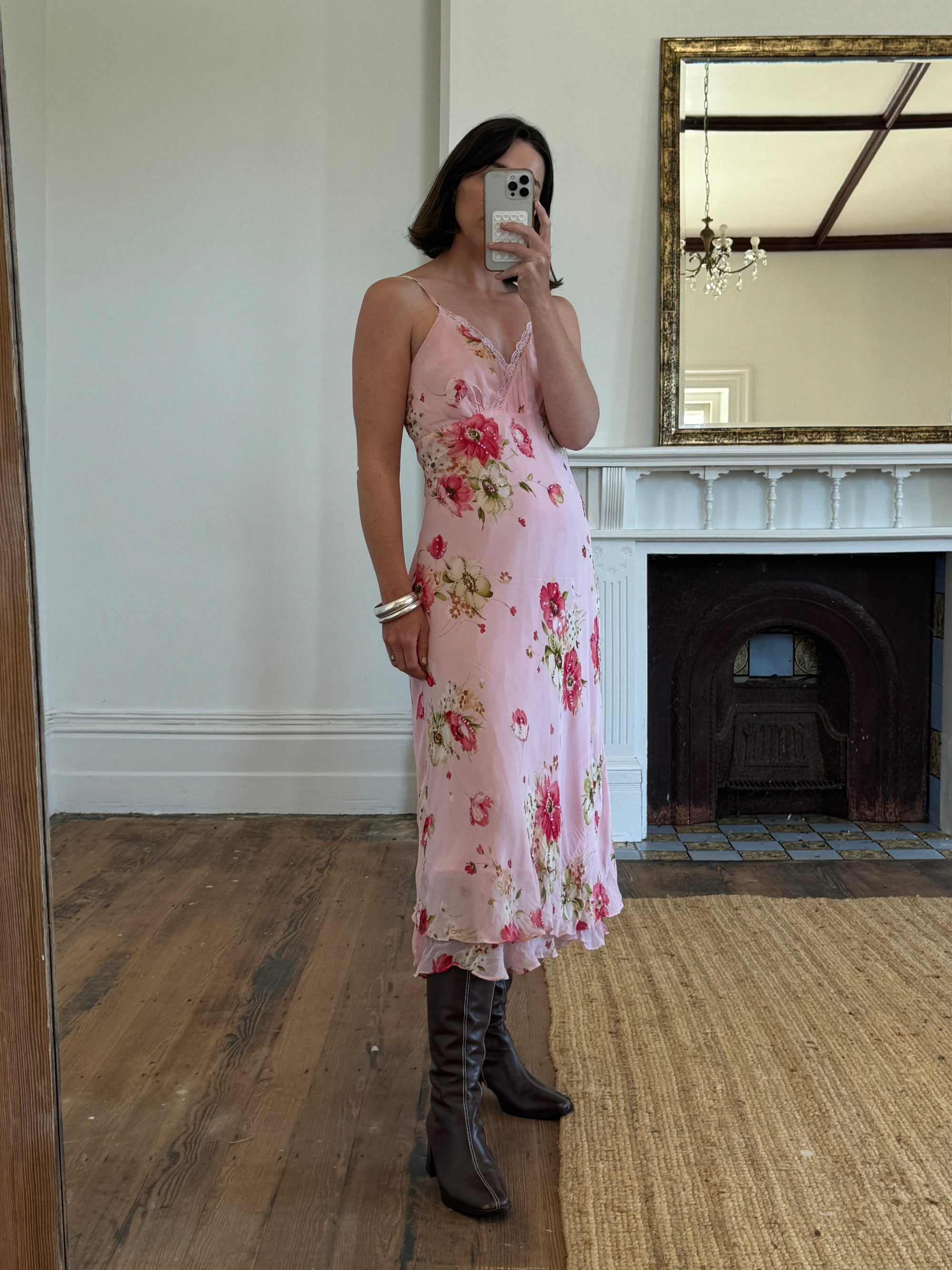 Vintage Y2K Floral Embellished Slip Dress Baby Pink