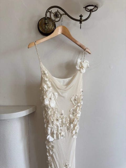 Vintage 90s Pure Silk 3D Floral Fairy Dress Ivory