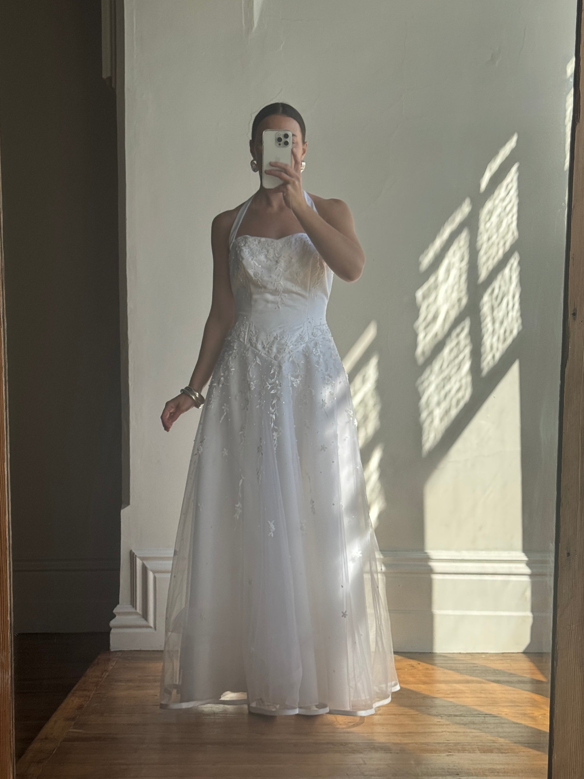 Vintage 90s Basque Halter Embellished Wedding Gown