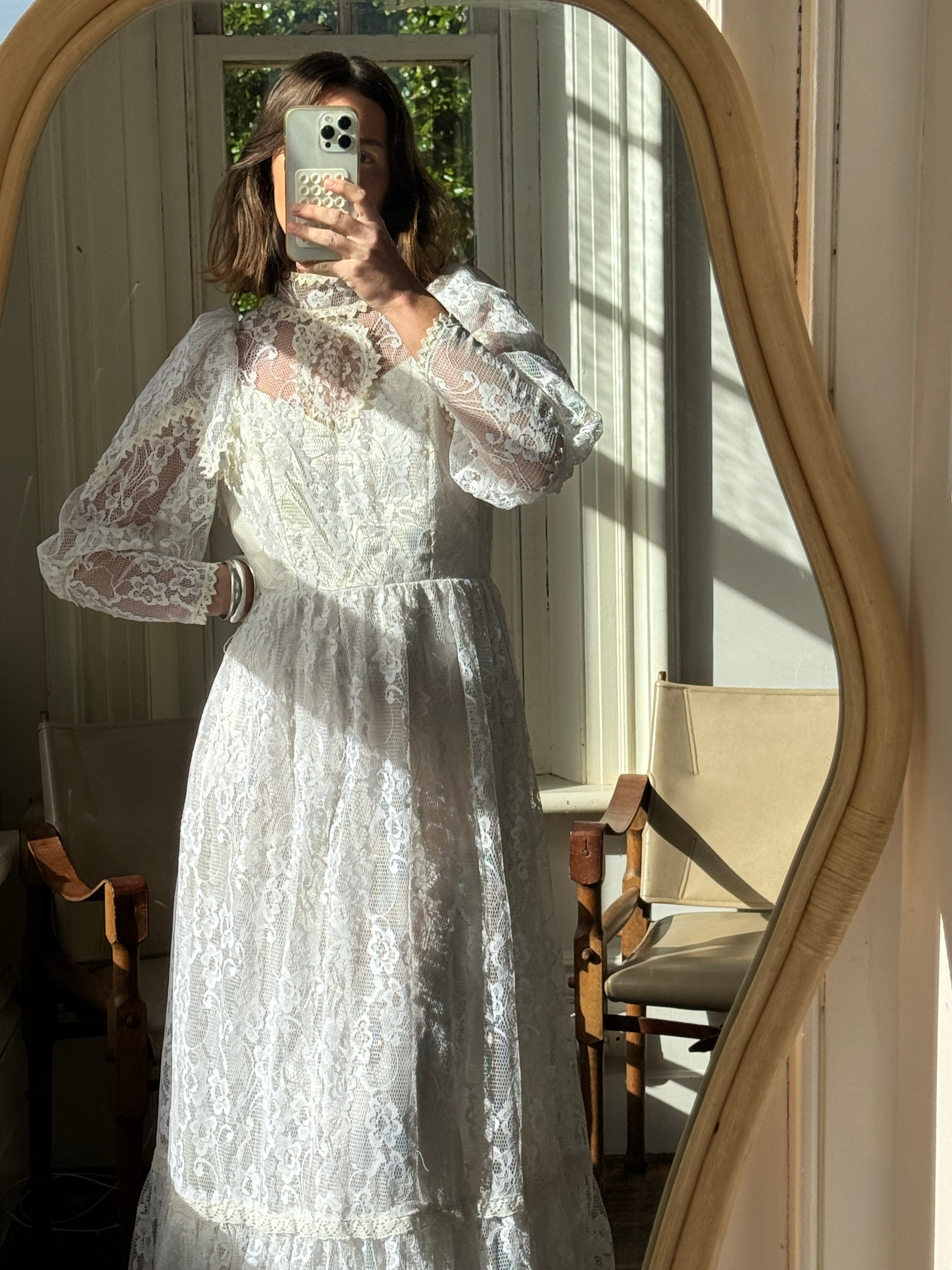 Vintage 70s Crochet Lace Mesh Maxi