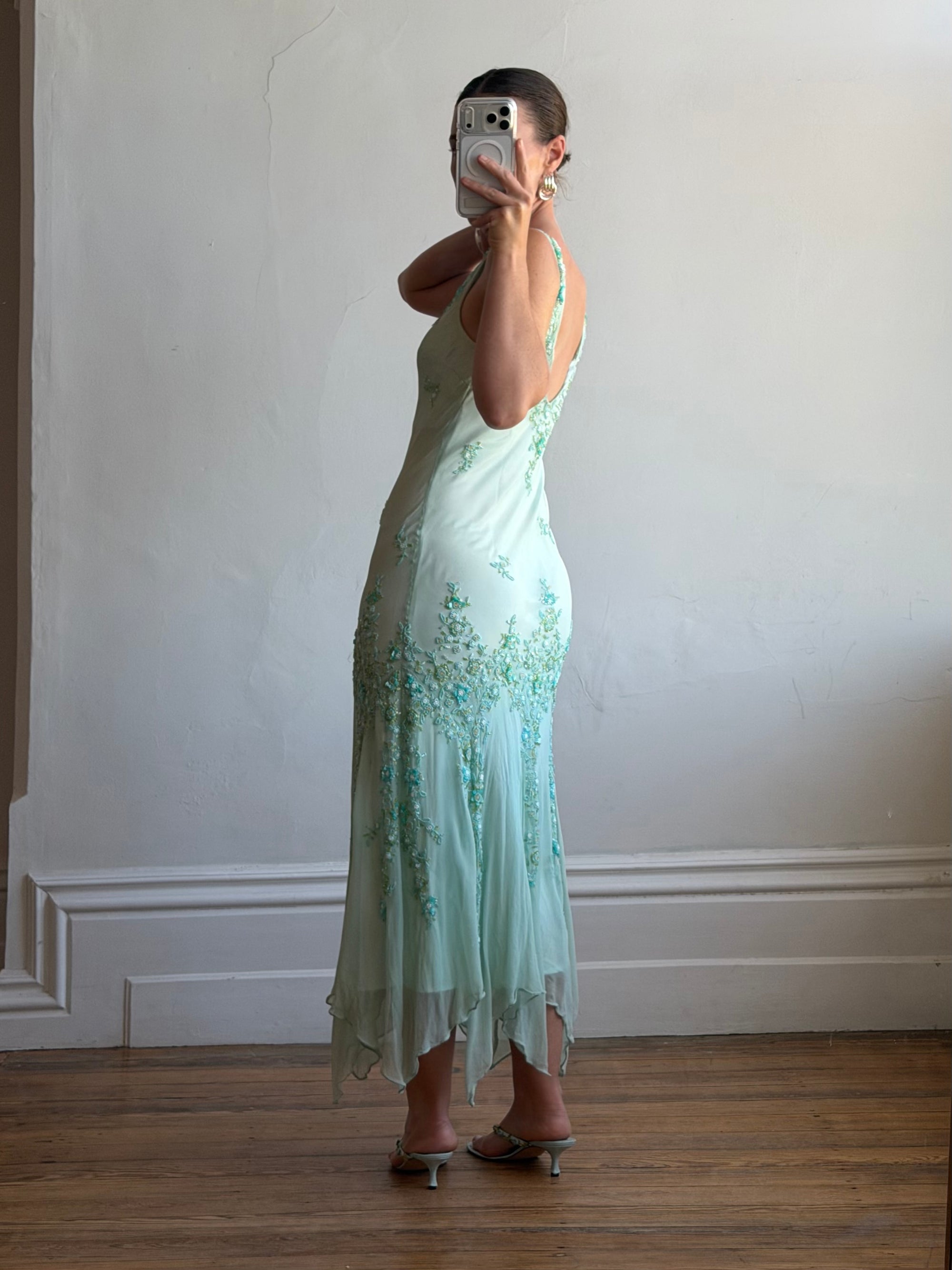 Vintage 90s Pure Silk Aquamarine Fairy Beaded Dress