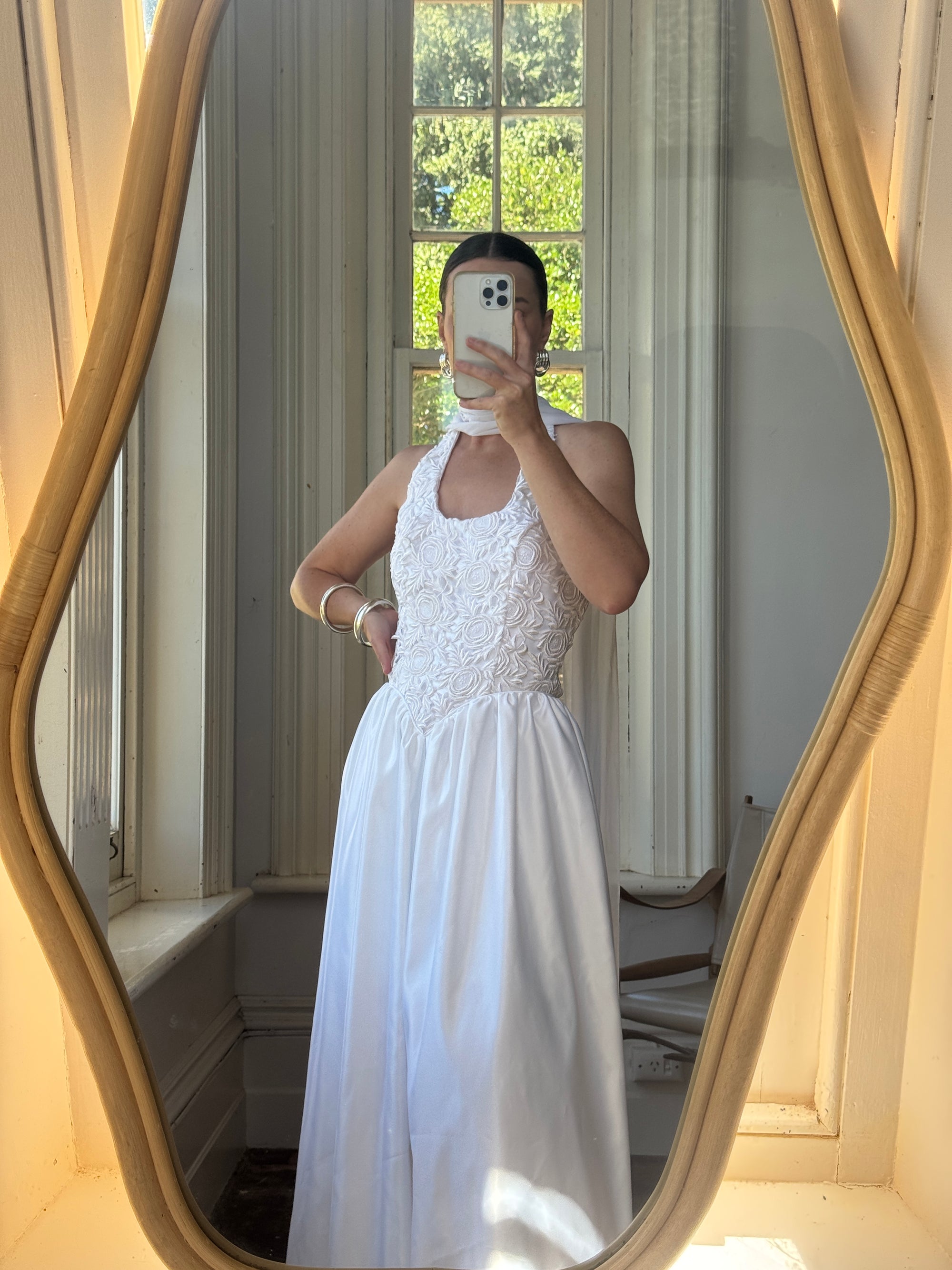 Vintage 90s Australian Made Lace Halter Satin Wedding Dress