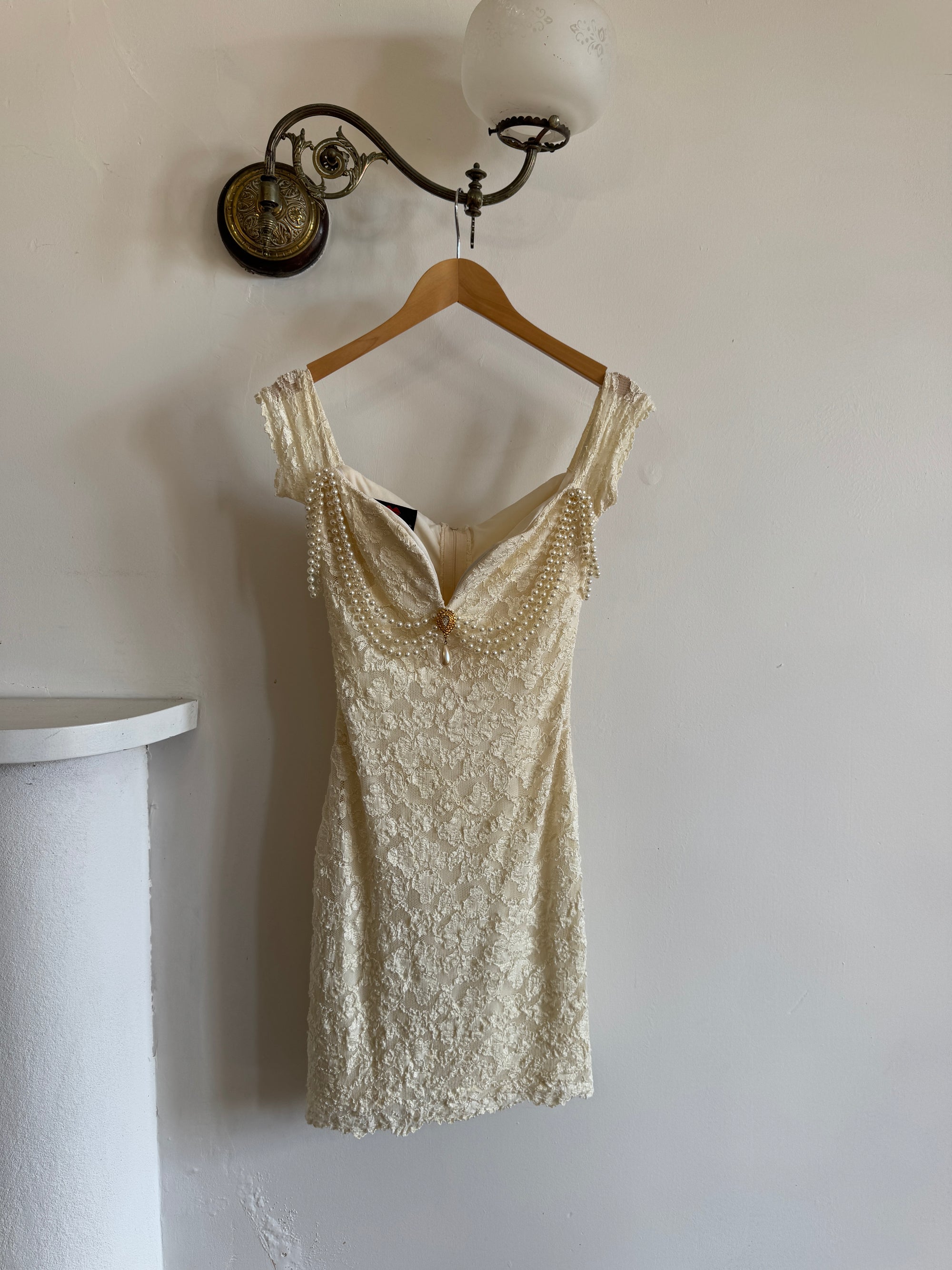 Vintage 80s Draped Pearl Body Con Mini Creme