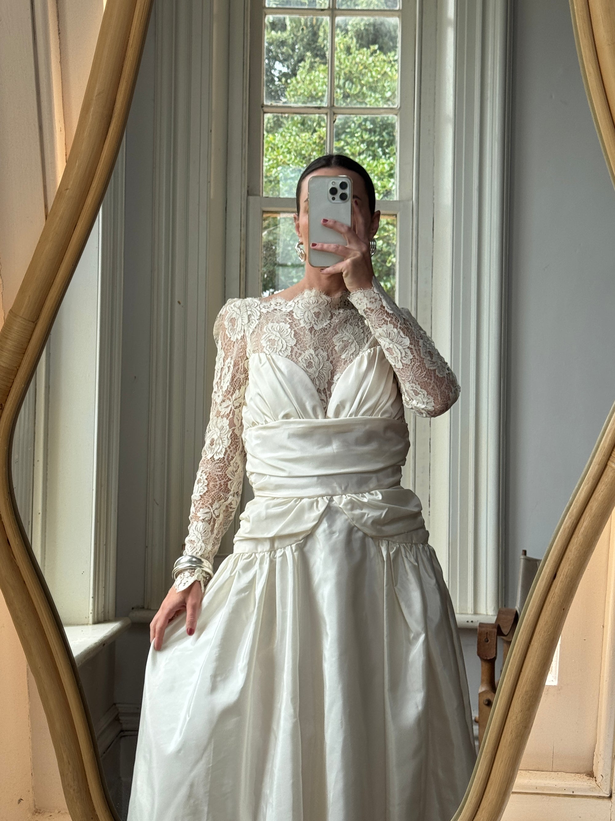 Vintage 80s Creme Taffeta Lace Midi Dress Call Me The Breeze Vintage 80s Creme Taffeta Lace Midi Dress Call Me The Breeze