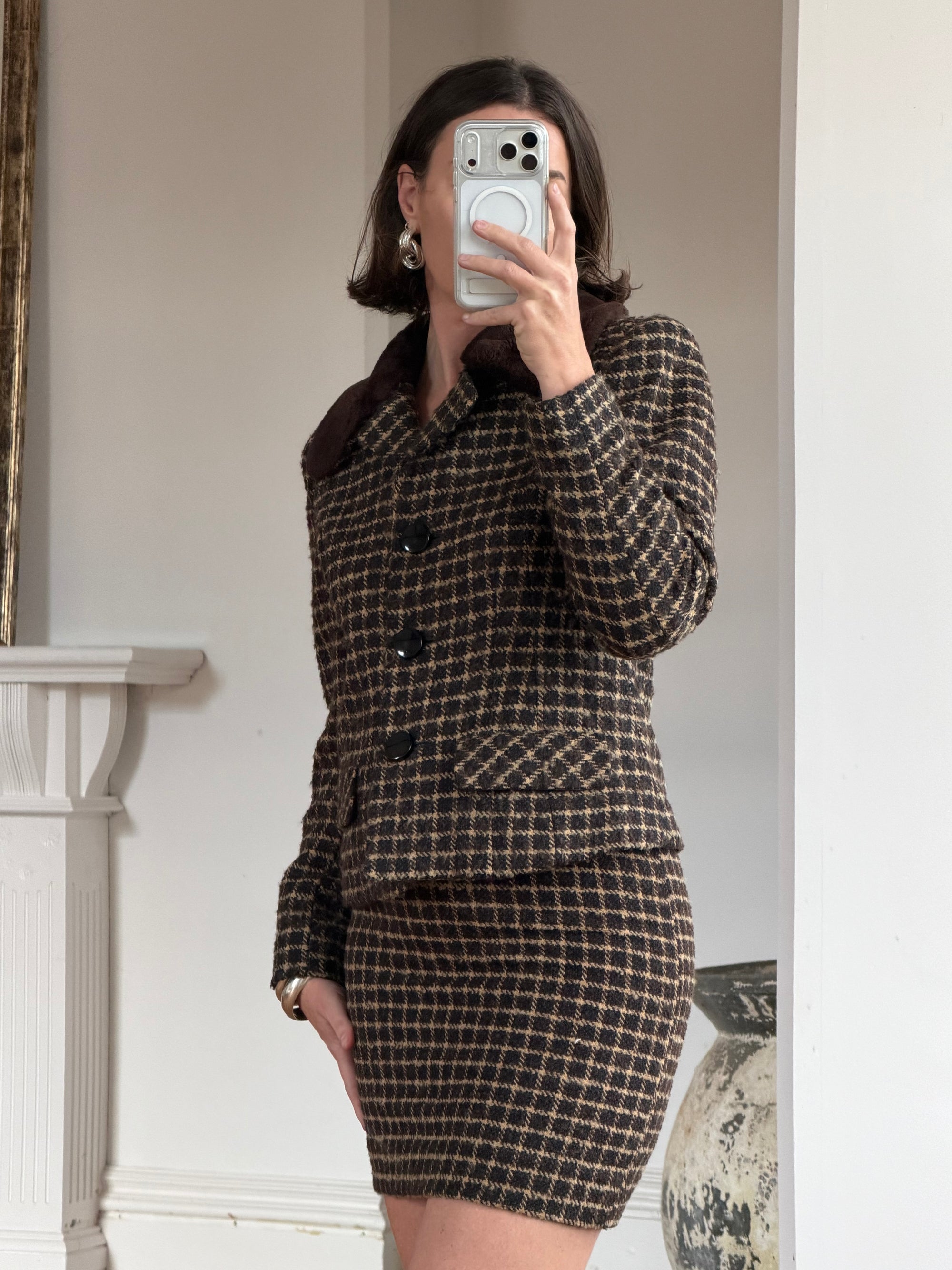 Vintage 90s Italian Chocolate Plaid Twin Faux Fur Set