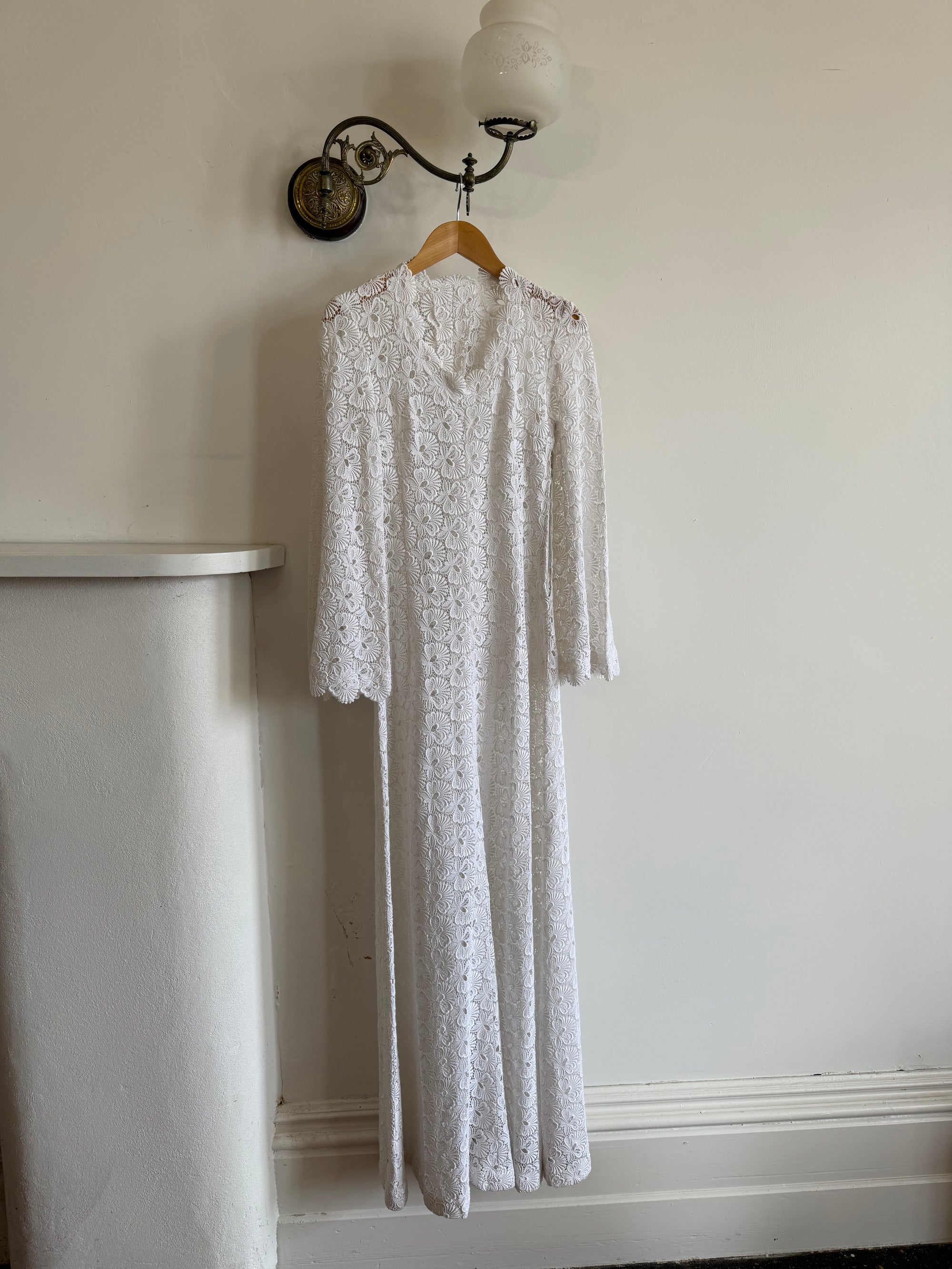 Vintage 60s Crochet Lace Long Sleeved Wedding Gown