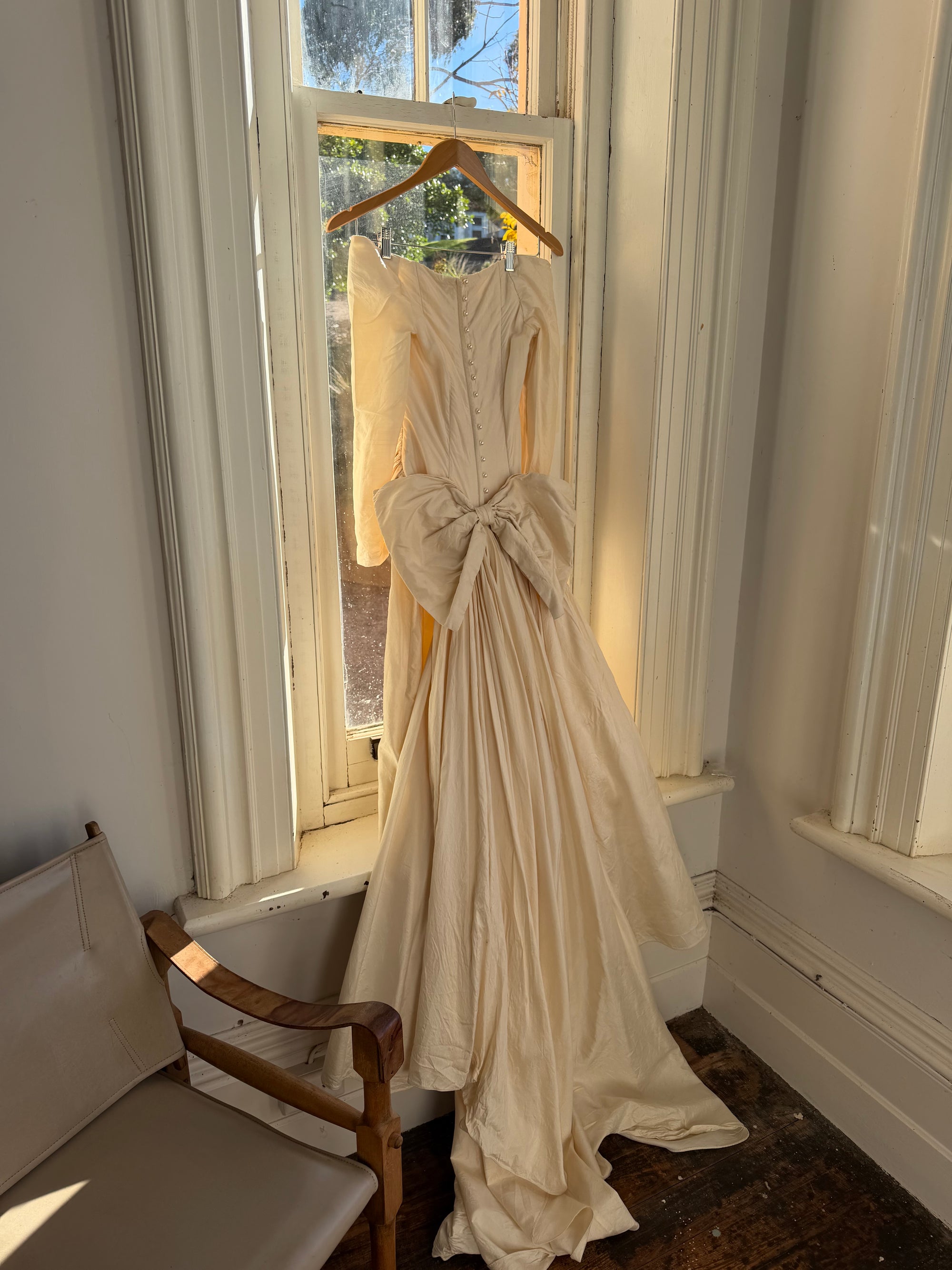 Vintage 90s Silk Rosette Off Shoulder Gown With Bow Train